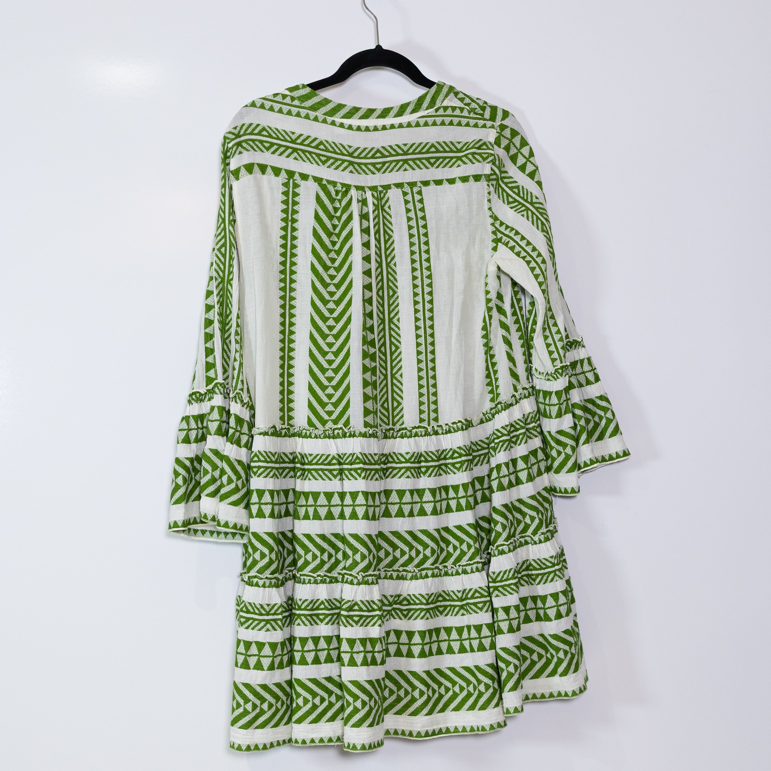 Devotion Twins Ella Cotton Blend V Neck Tiered Pullover Mini Dress Green White S