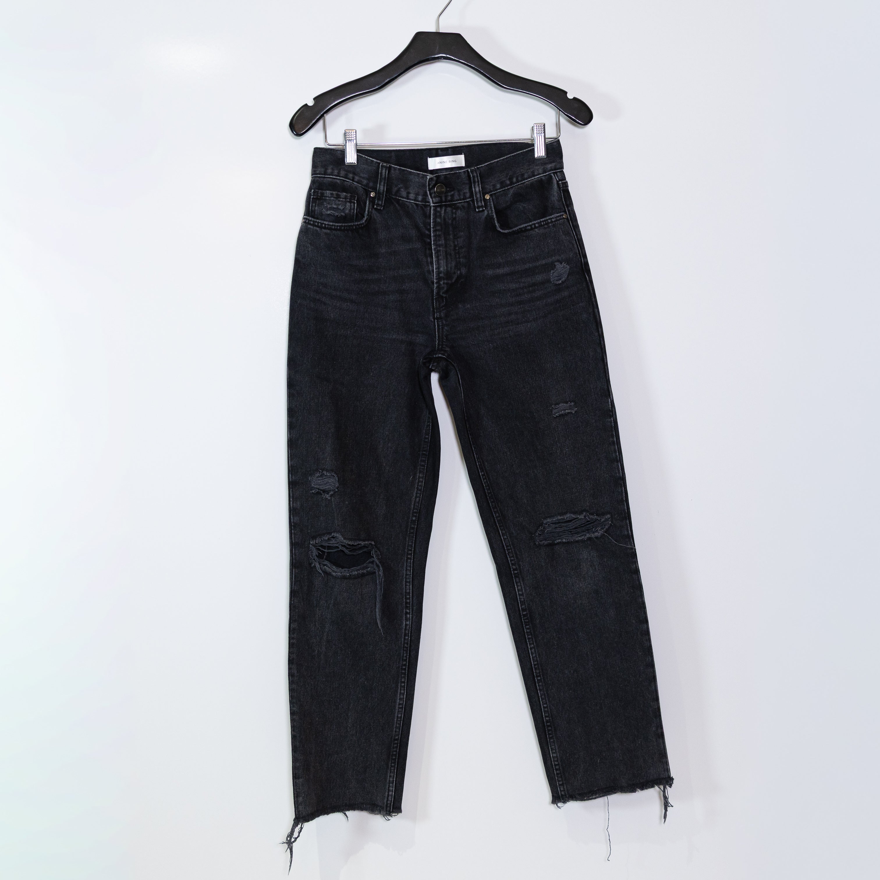 Anine Bing Etta Cotton High Rise Straight Leg Destructed Black Sea Jeans 25