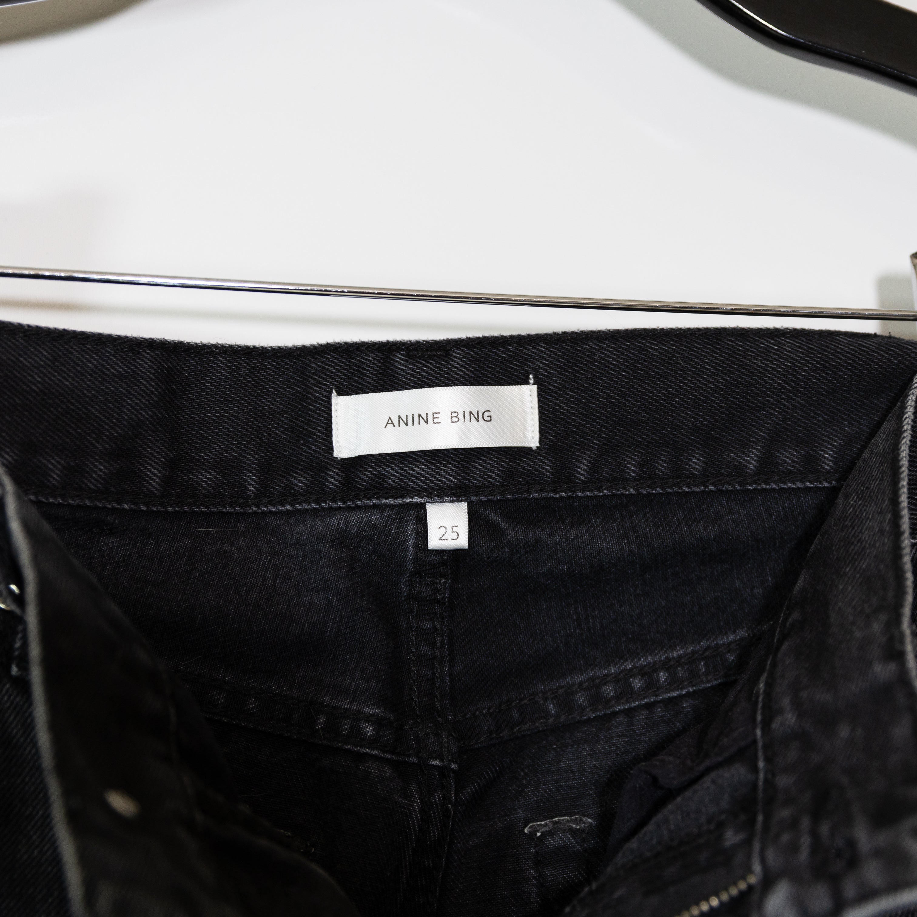 Anine Bing Etta Cotton High Rise Straight Leg Destructed Black Sea Jeans 25