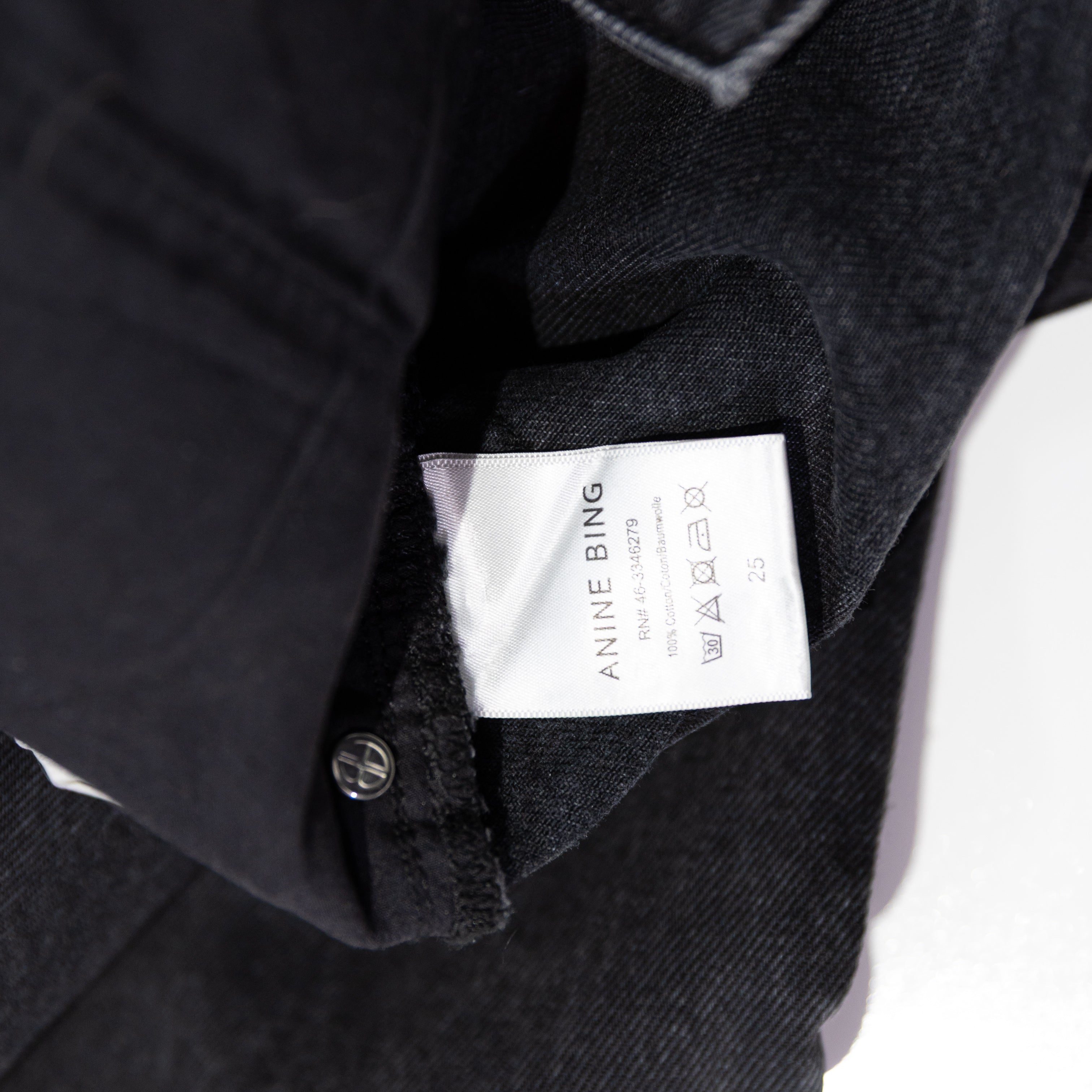 Anine Bing Etta Cotton High Rise Straight Leg Destructed Black Sea Jeans 25