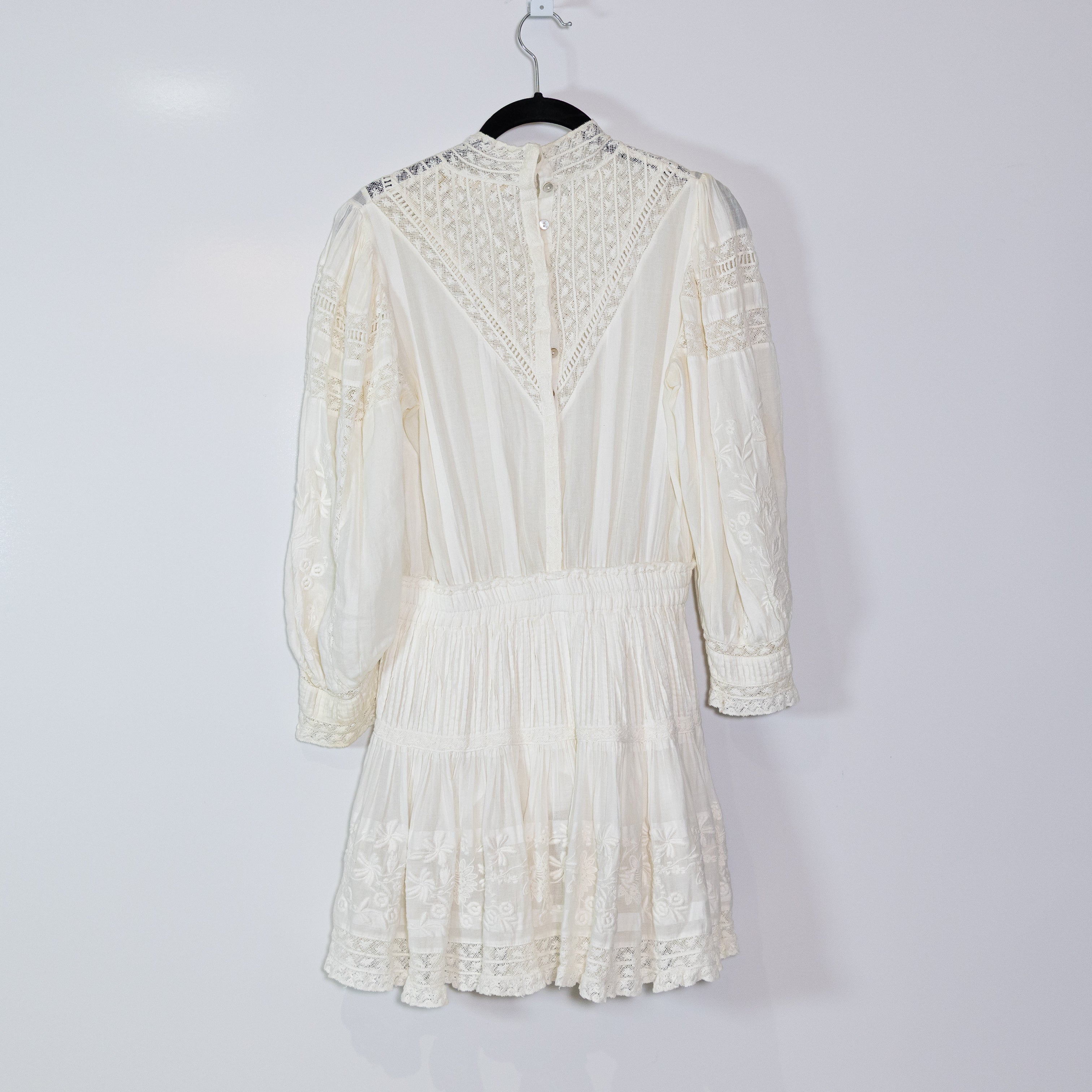 LoveShackFancy Viola Cotton High Neck Long Sleeve Smocked Waist Mini Dress White