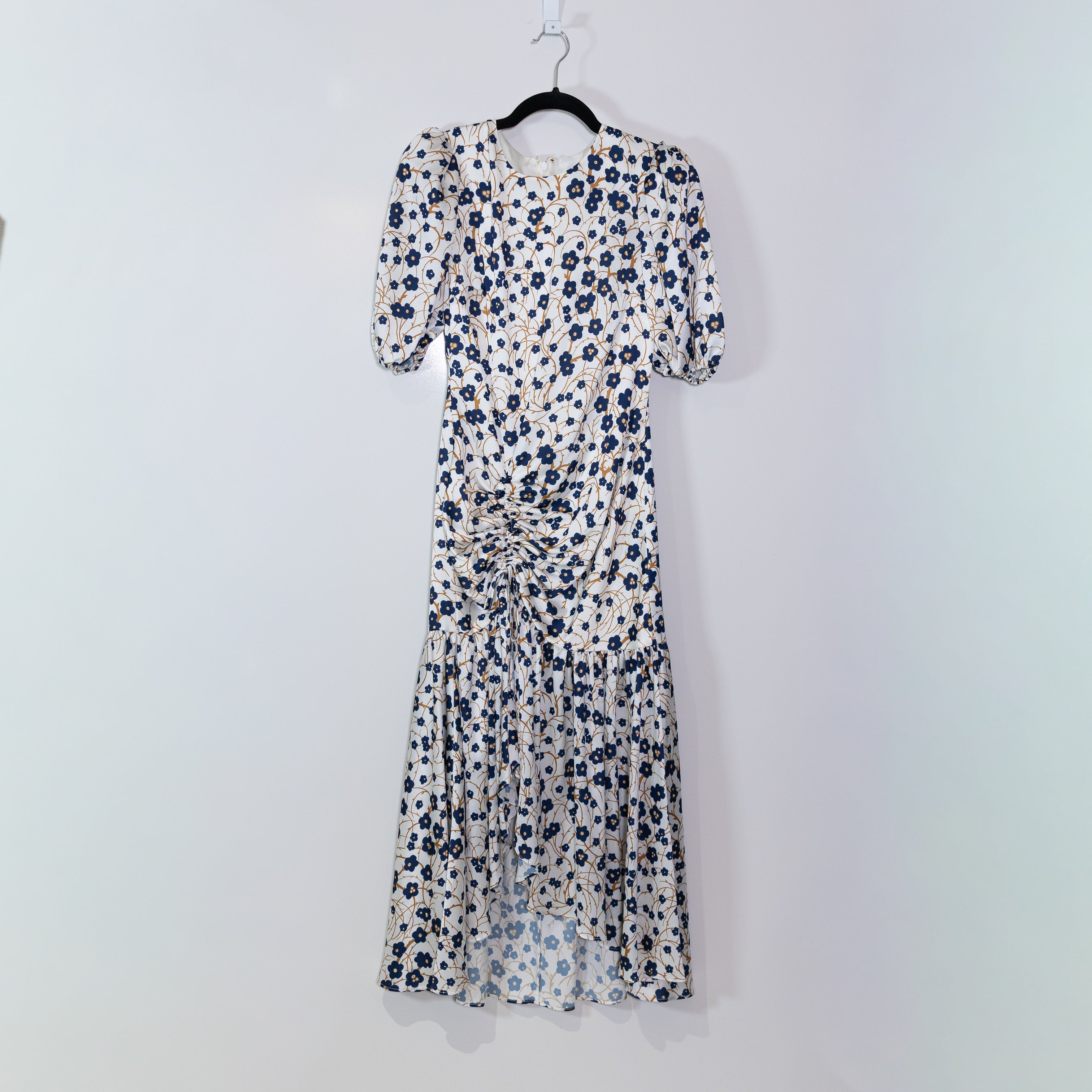Amur Trissa Satin Ruched High Cut Sapphire Desert Bluebell Floral Print Dress 2