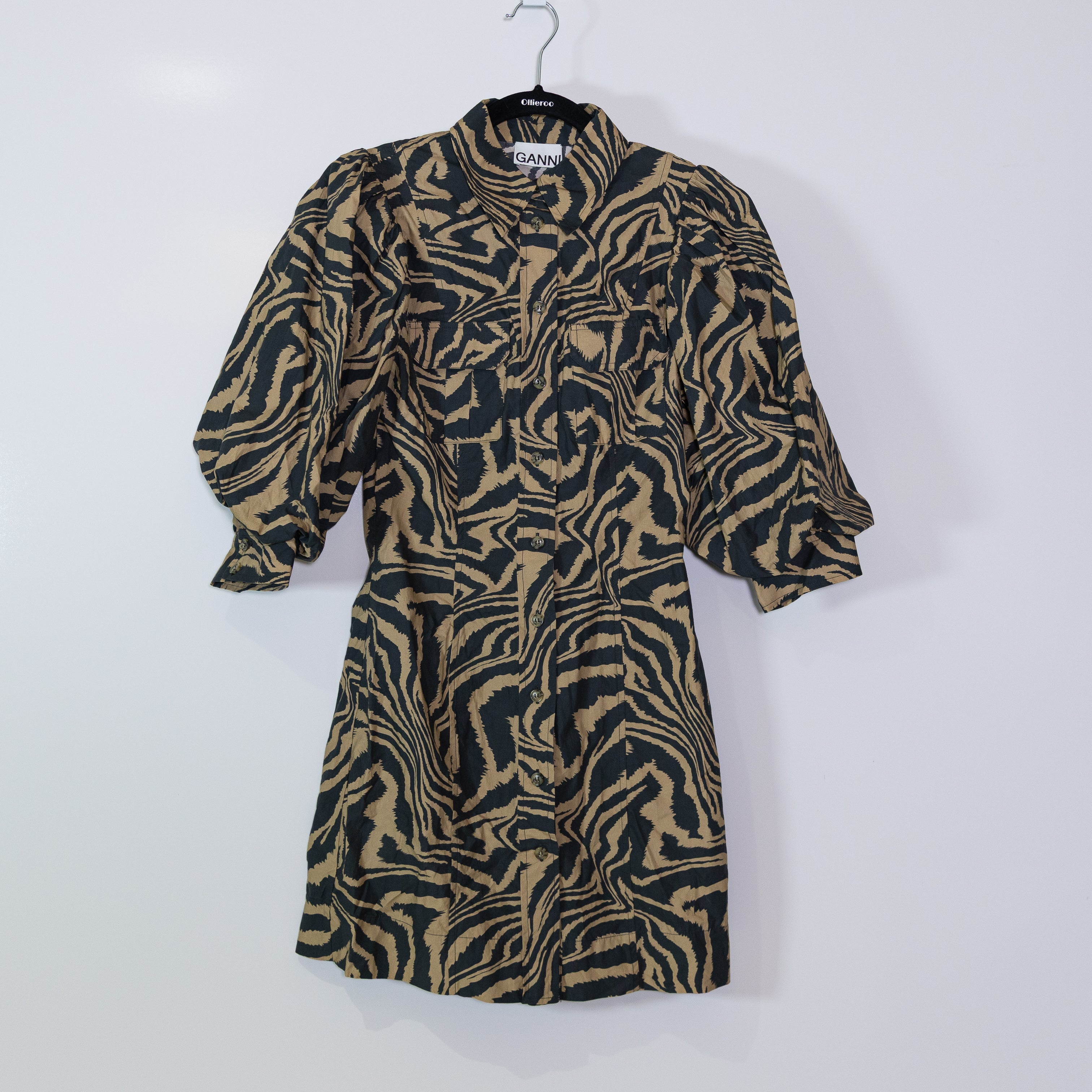 Ganni Swirl Tiger Animal Print Pattern Puff Sleeve Button Front Mini Dress 36