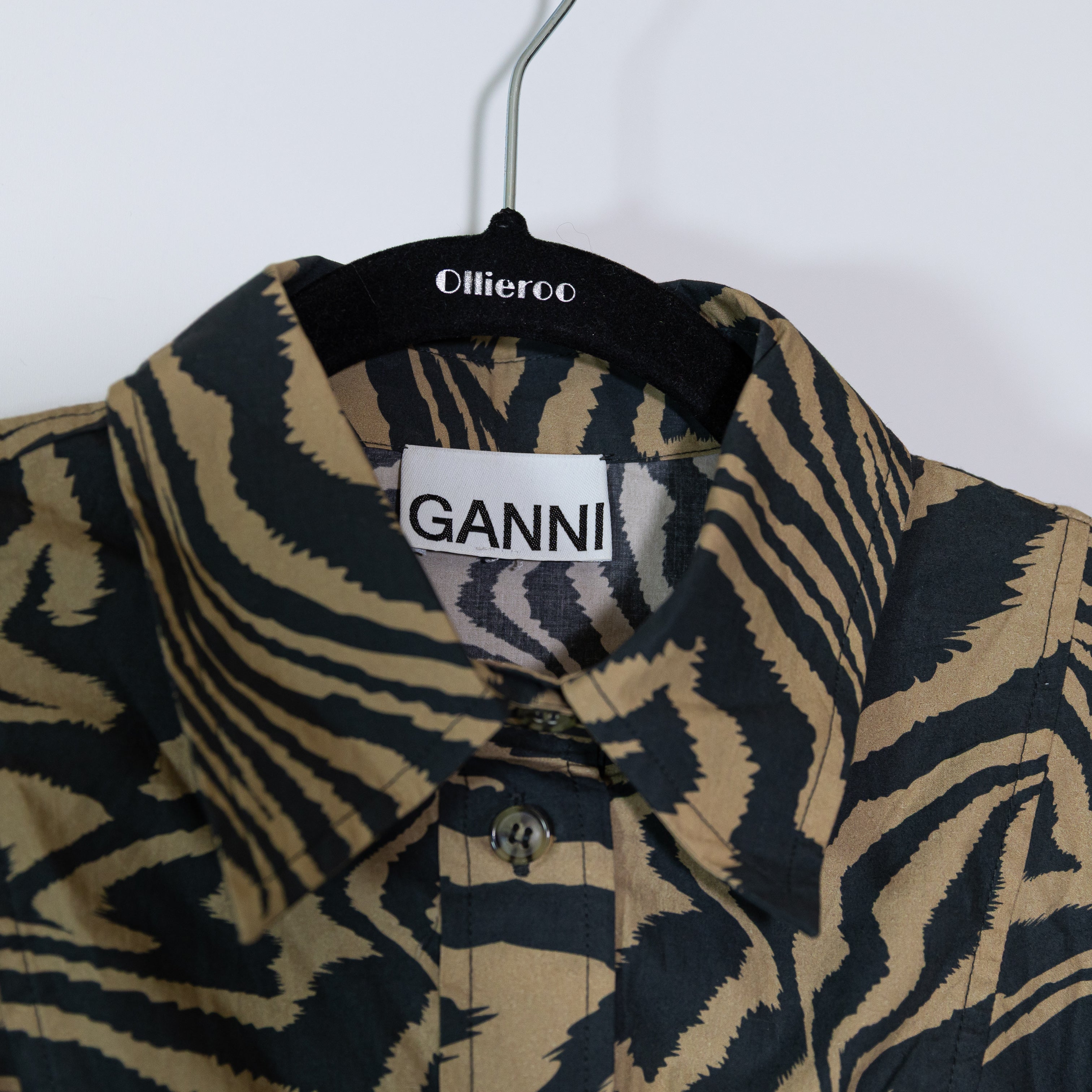 Ganni Swirl Tiger Animal Print Pattern Puff Sleeve Button Front Mini Dress 36