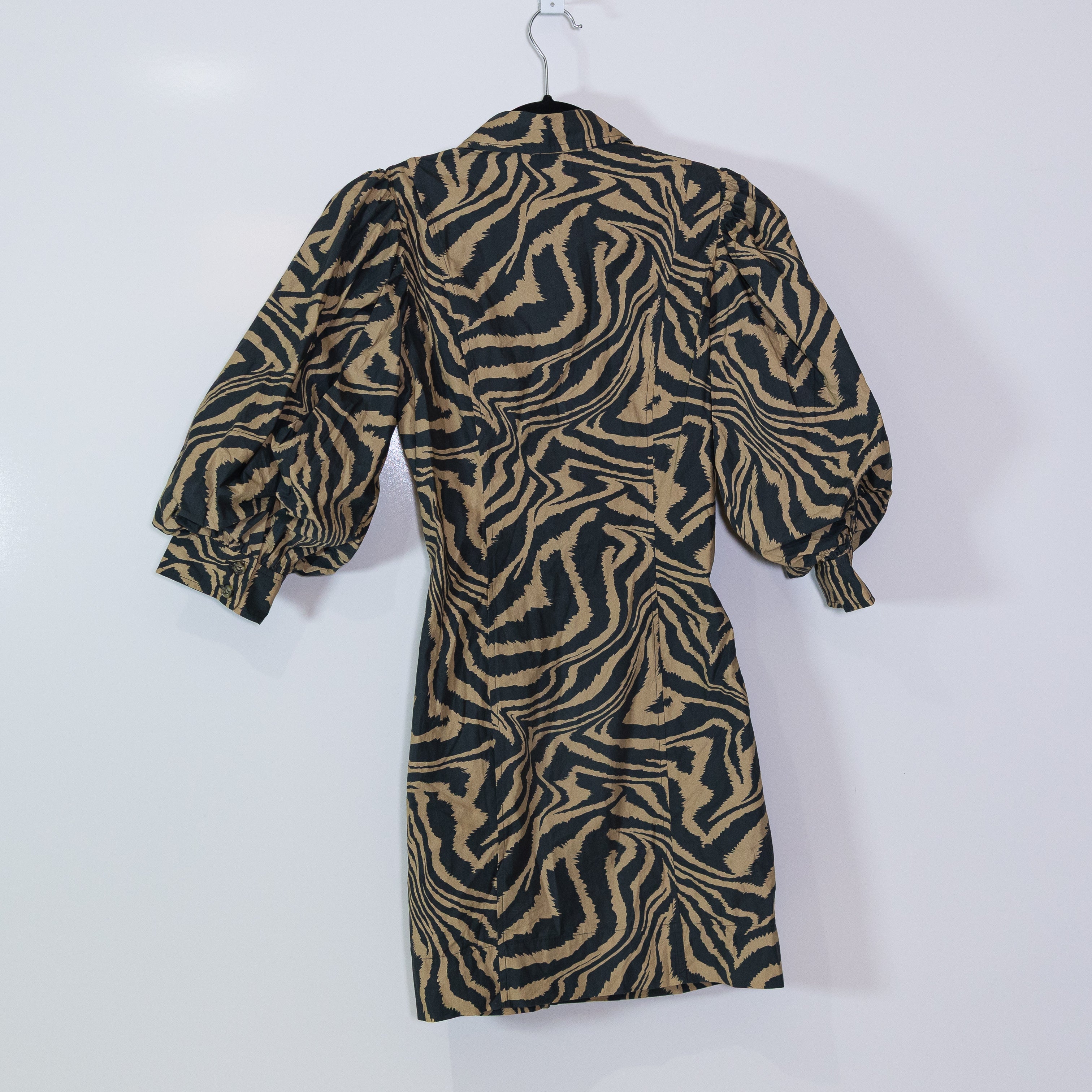 Ganni Swirl Tiger Animal Print Pattern Puff Sleeve Button Front Mini Dress 36