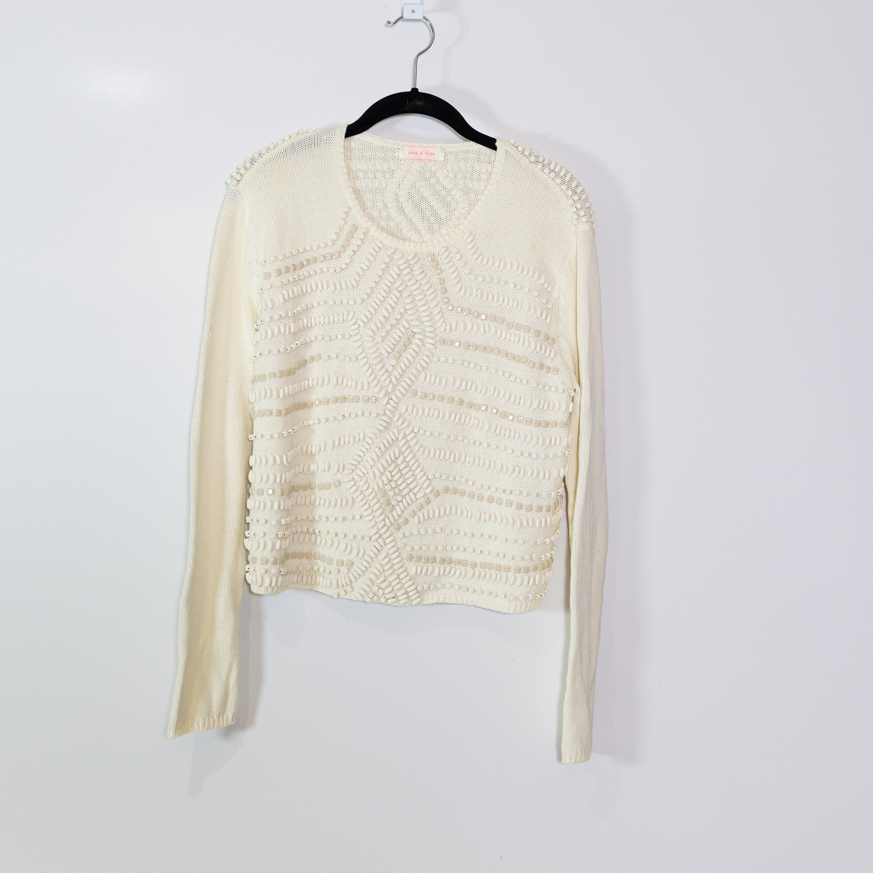 Sass & Bide Cotton Knit Stretch Wood Beaded Embellished Scoop Neck Sweater XS