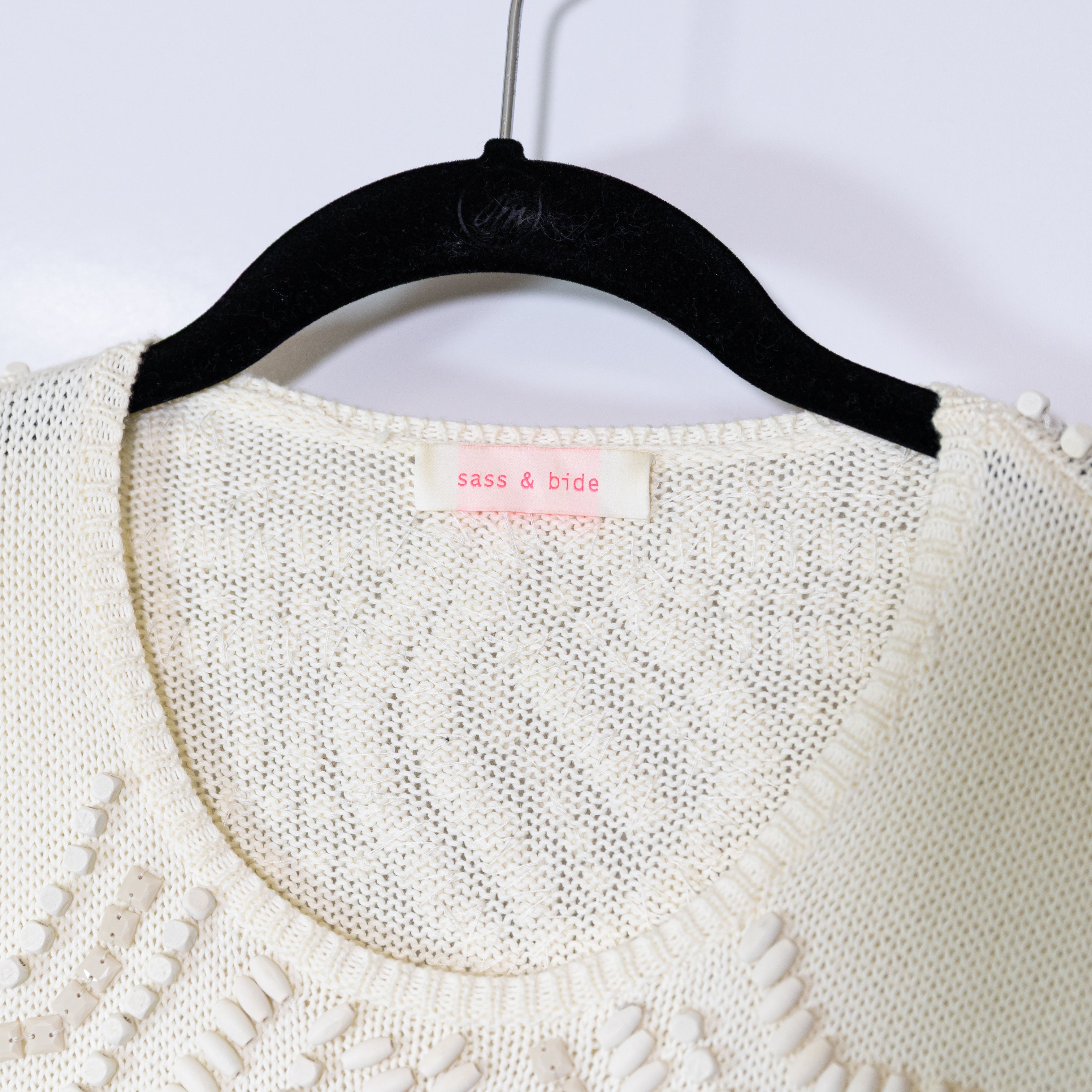 Sass & Bide Cotton Knit Stretch Wood Beaded Embellished Scoop Neck Sweater XS