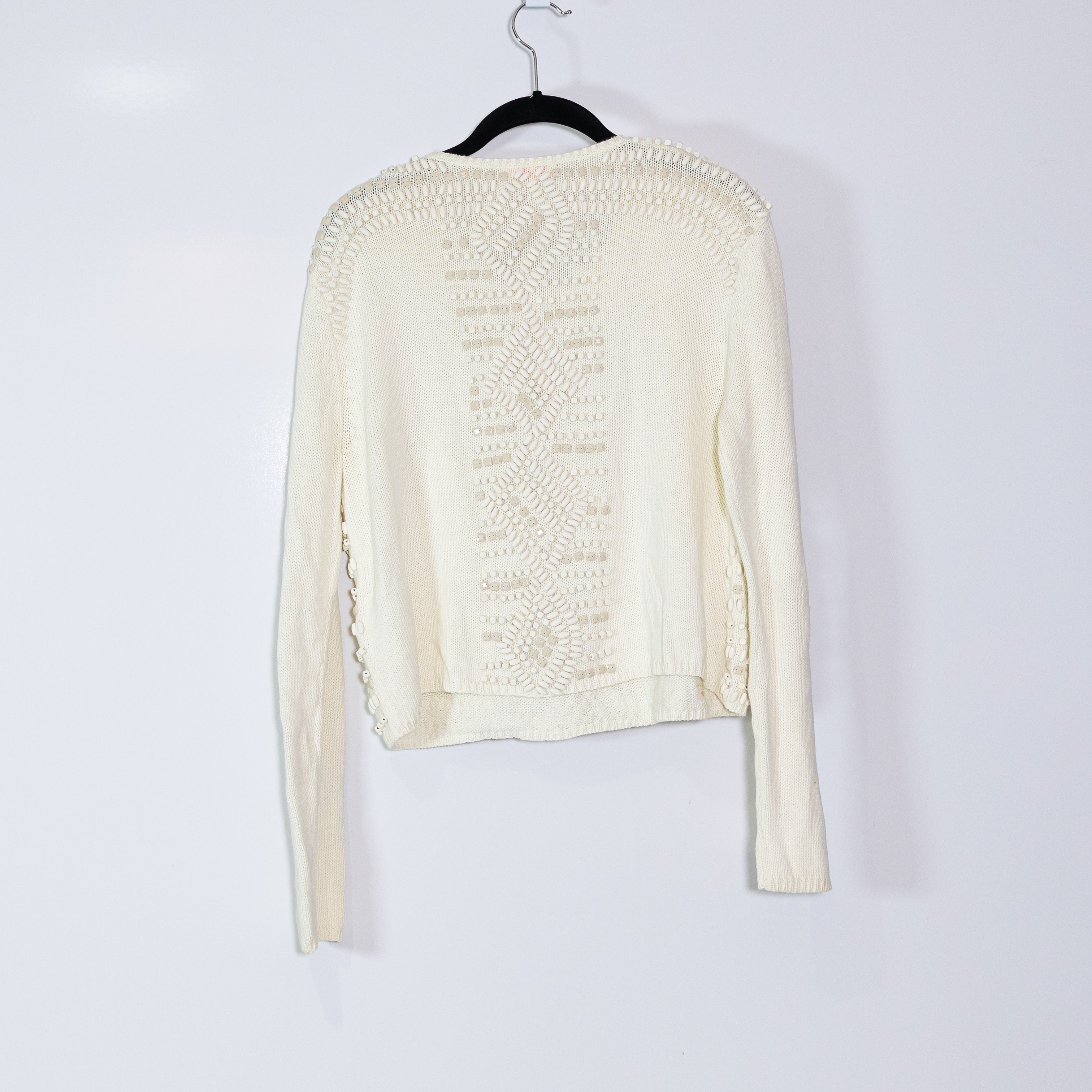 Sass & Bide Cotton Knit Stretch Wood Beaded Embellished Scoop Neck Sweater XS