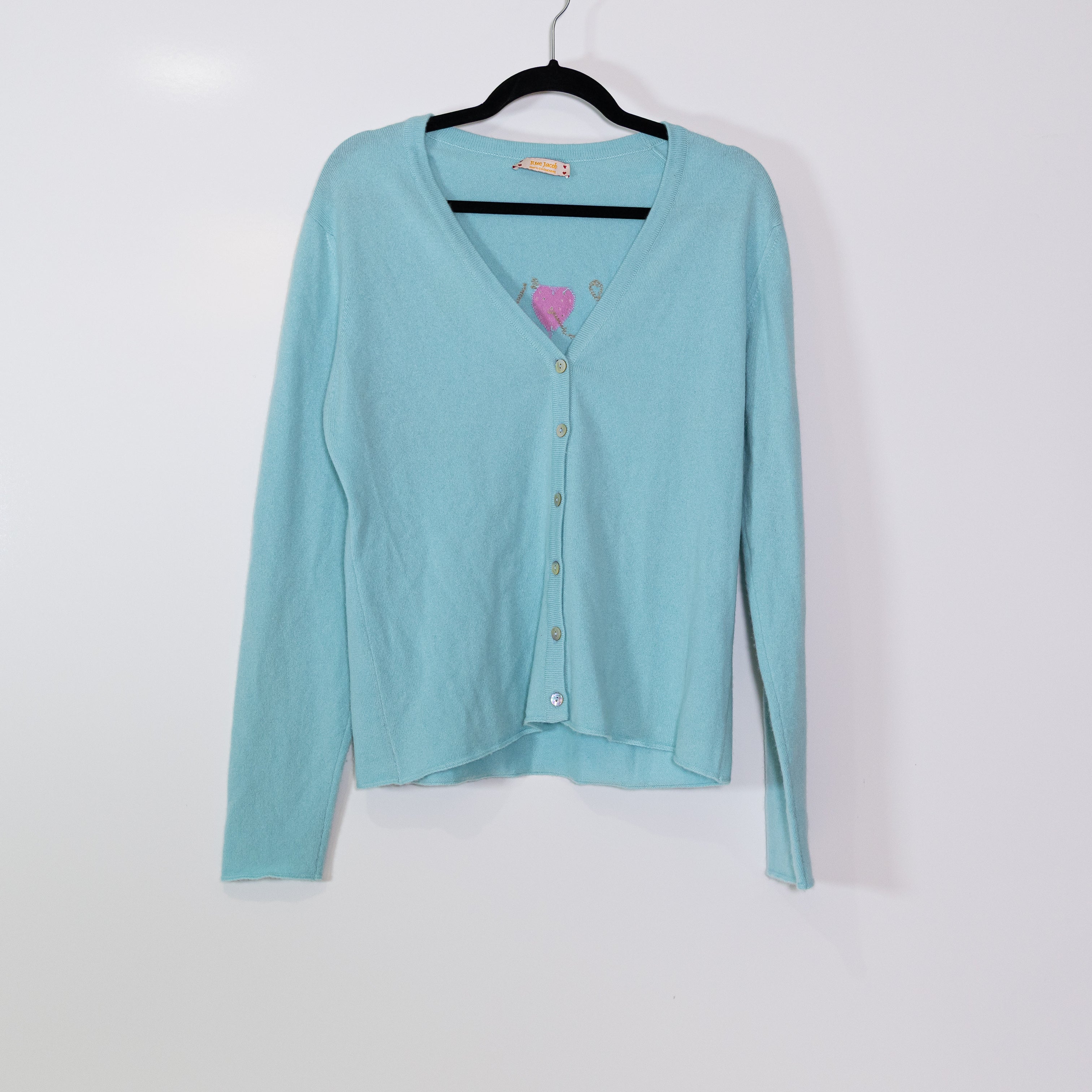 Rue Jacob 100% Cashmere Knit Stretch Love Embroidered Cardigan Sweater Blue S