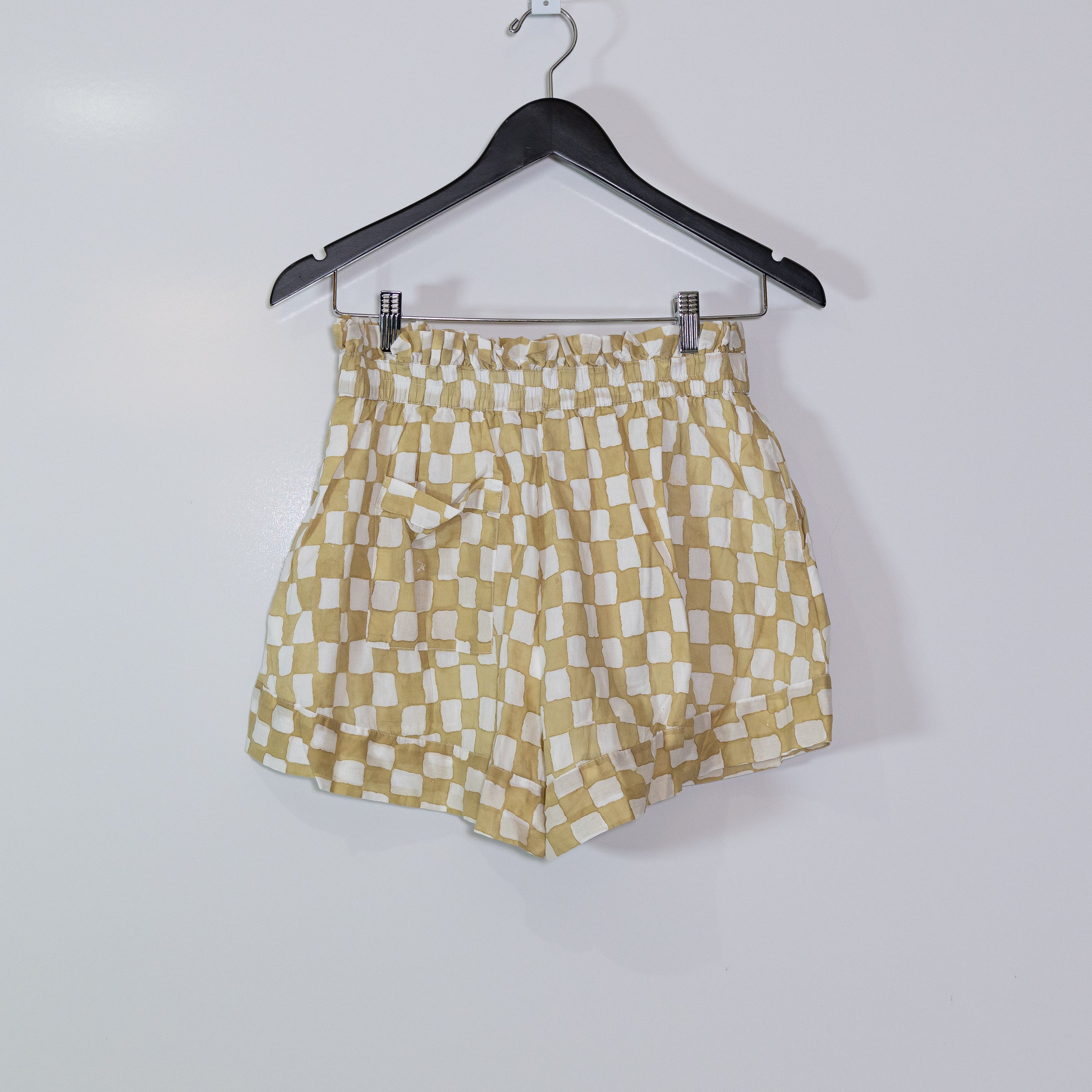 Cleobella Organic Cotton Pull On Checkered Gingham Print Mini Shorts Honey Small