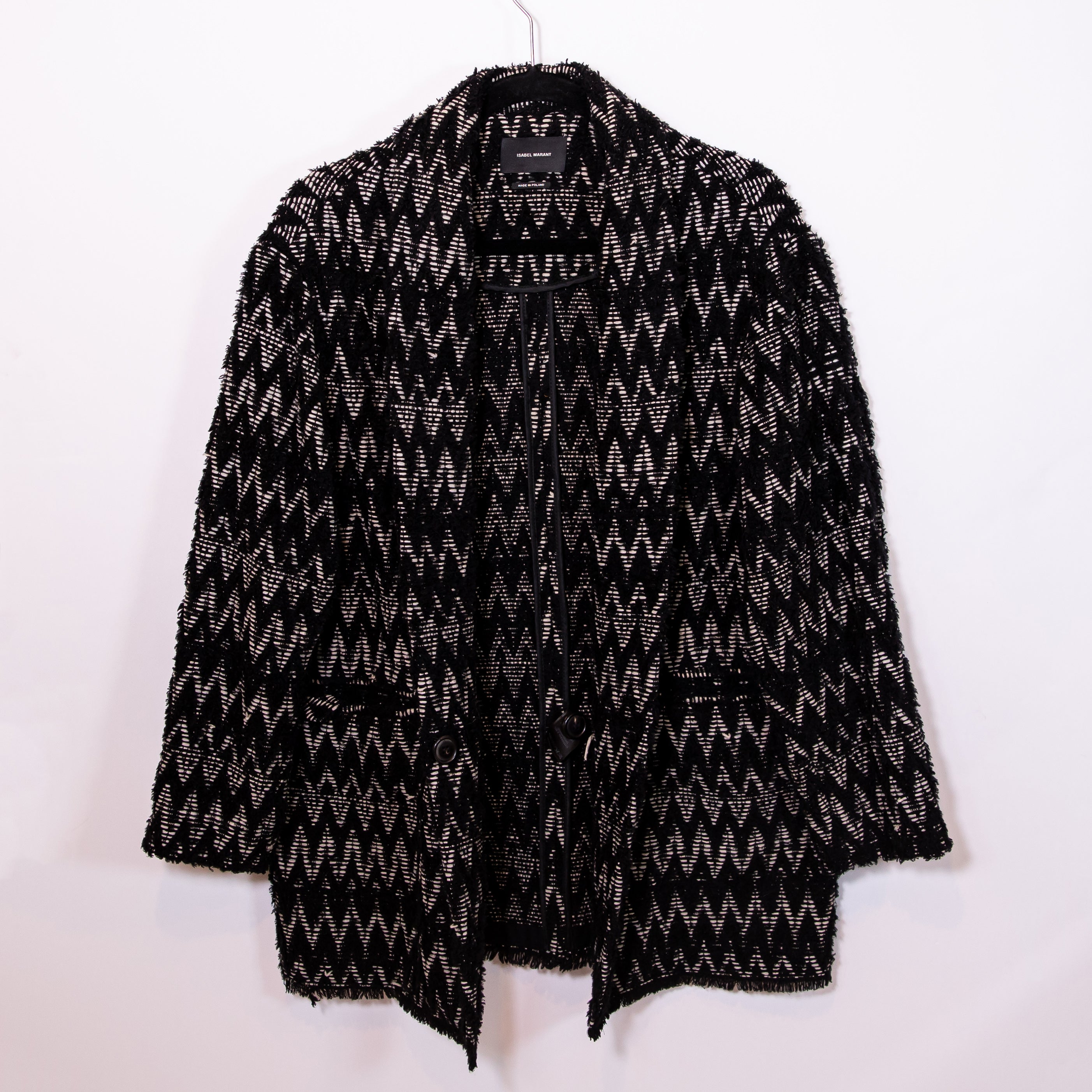 Isabel Marant Elis Zigzag Striped Jacquard Wool Blend Coat Black And Beige 34/0