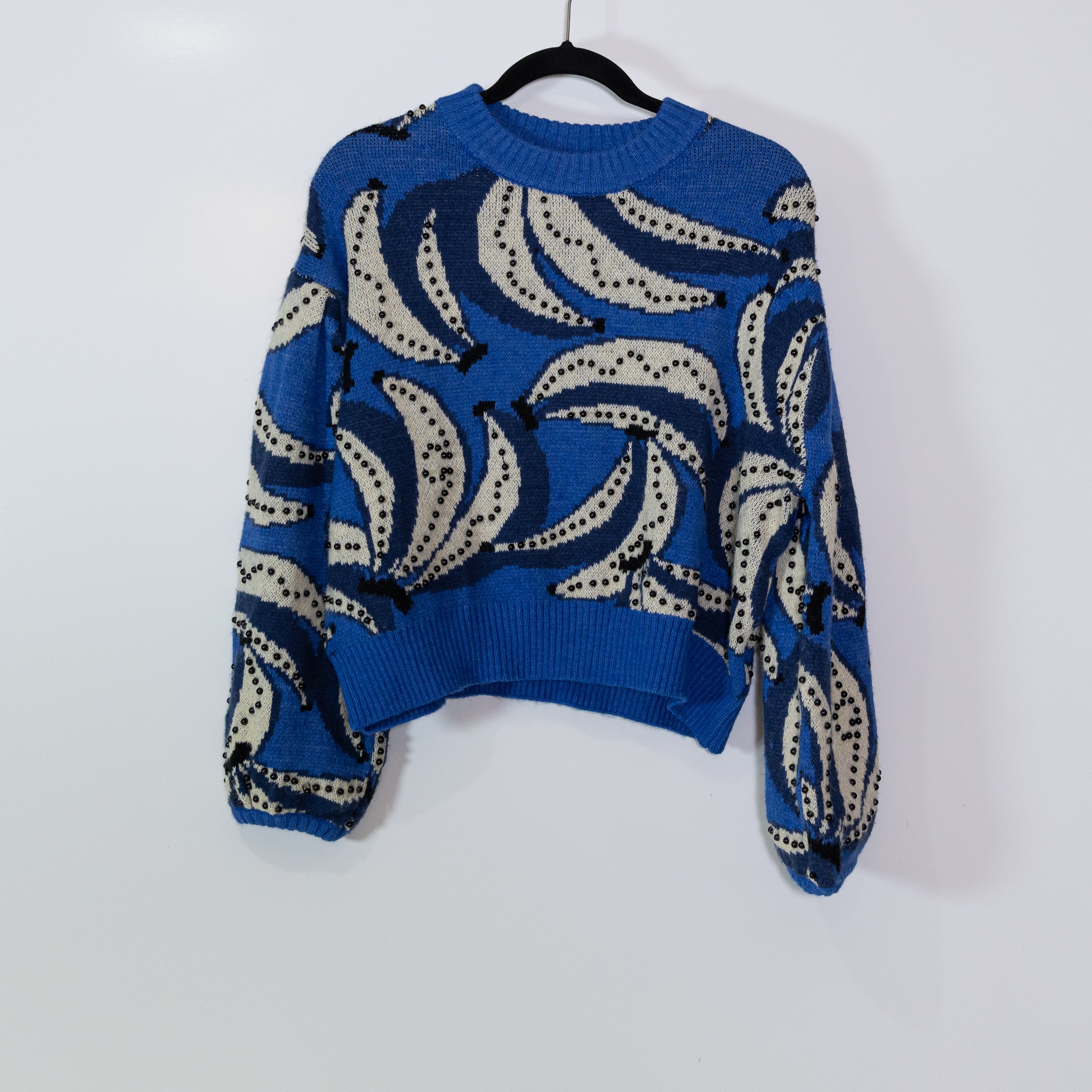 Farm Rio Bananas Fruit Print Pattern Beaded Embellished Crew Neck Sweater Blue M