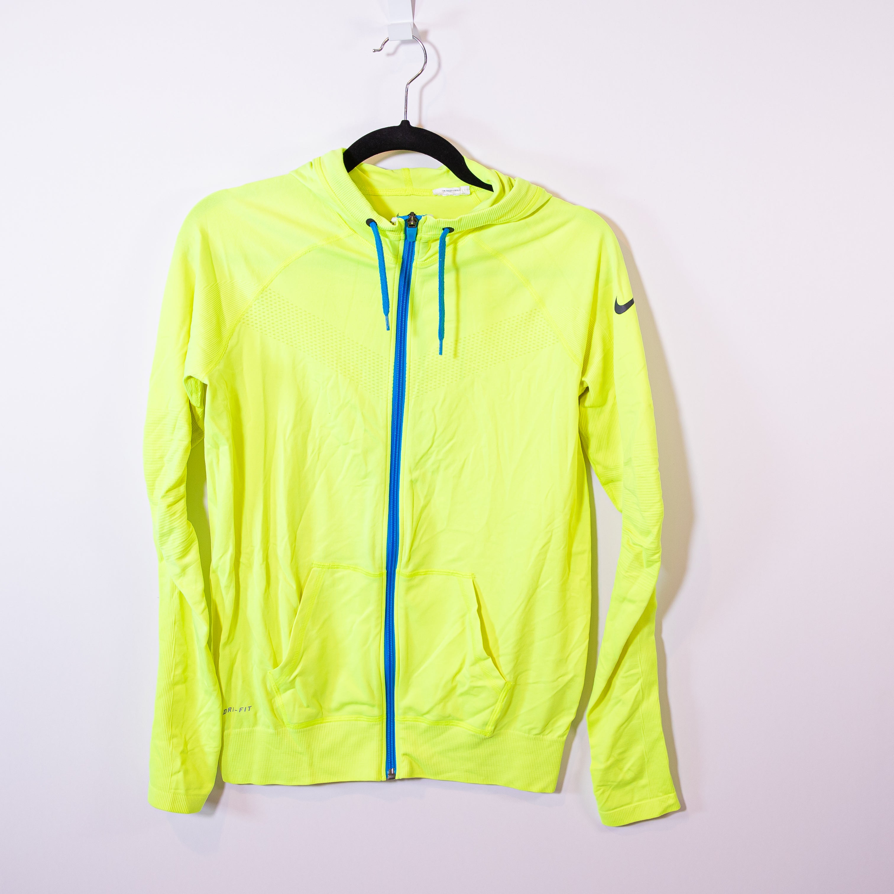 Nike Dry Fit Knit Stretch Neon Yellow Blue Hooded Full Zip Lightweight Jacket S