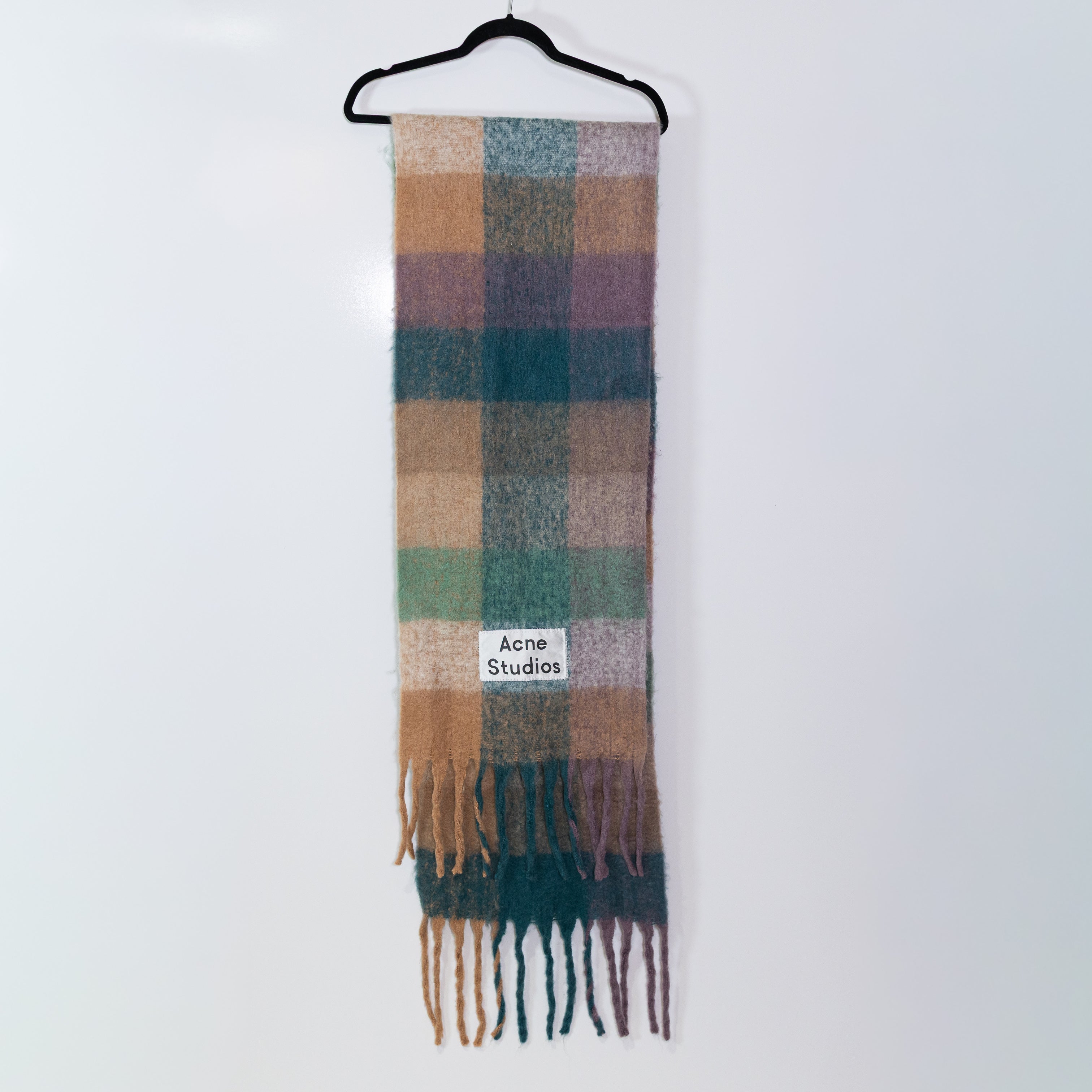 Acne Studios Wool Blend Knit Stretch Fuzzy Check Plaid Fringe Scarf Wrap Multi