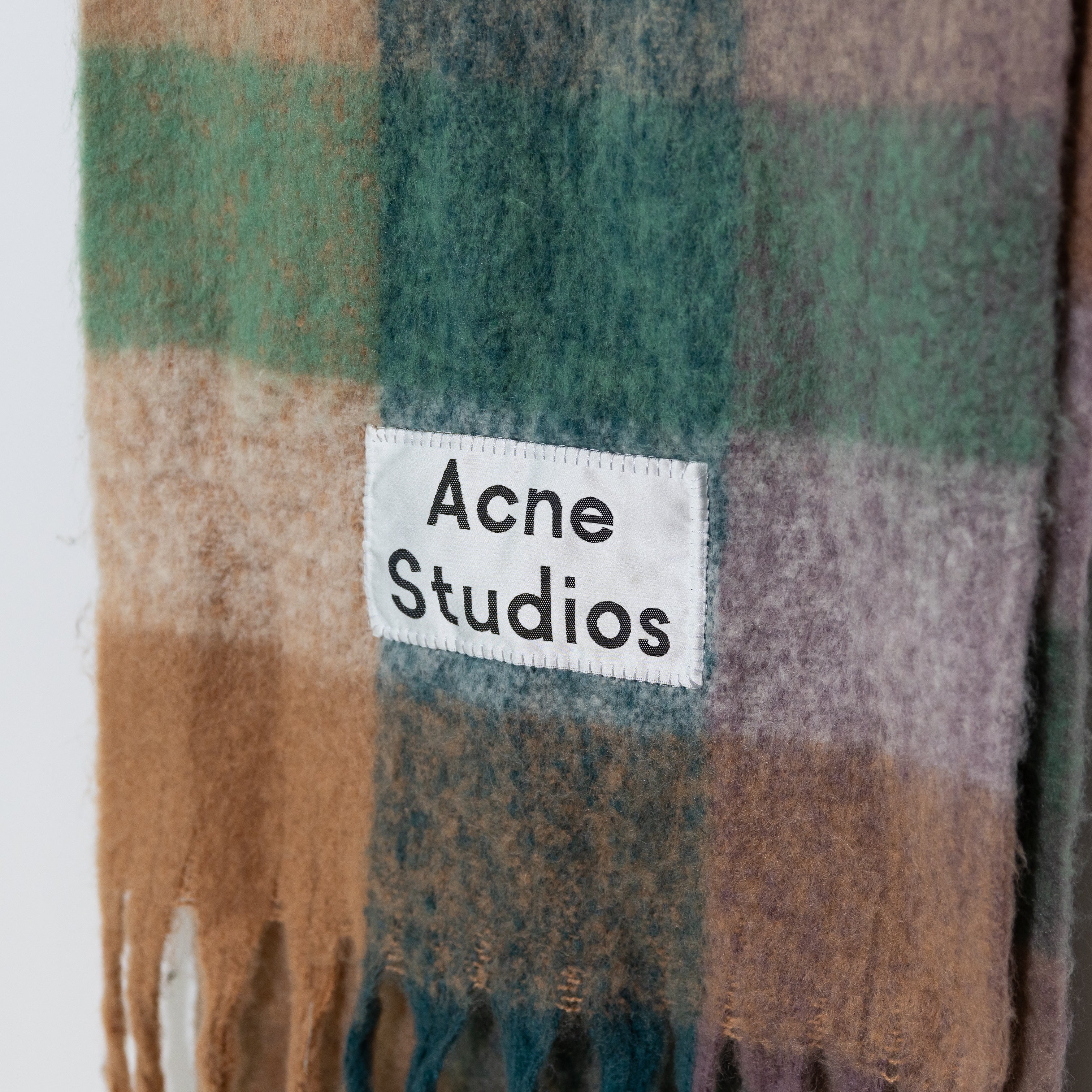 Acne Studios Wool Blend Knit Stretch Fuzzy Check Plaid Fringe Scarf Wrap Multi