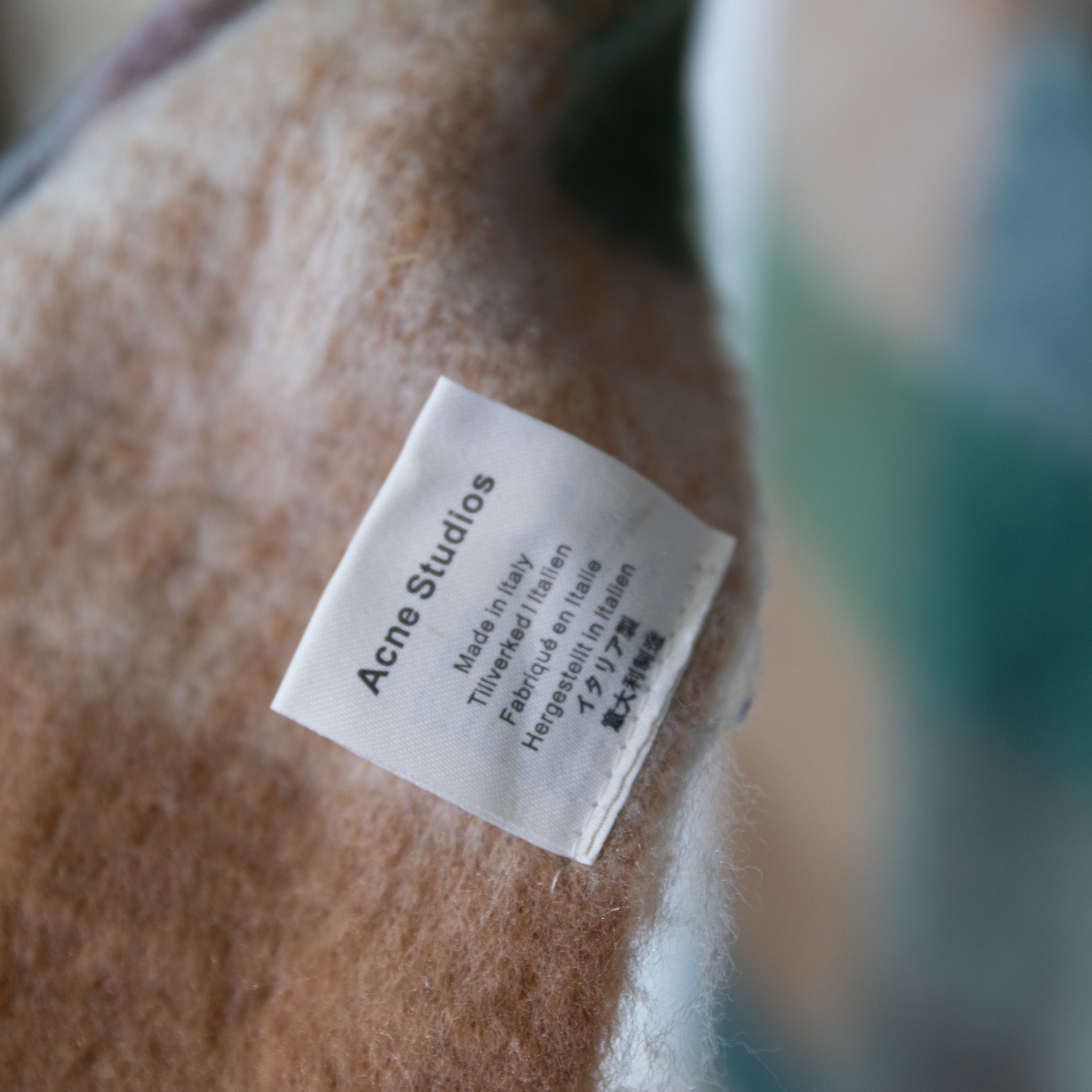 Acne Studios Wool Blend Knit Stretch Fuzzy Check Plaid Fringe Scarf Wrap Multi
