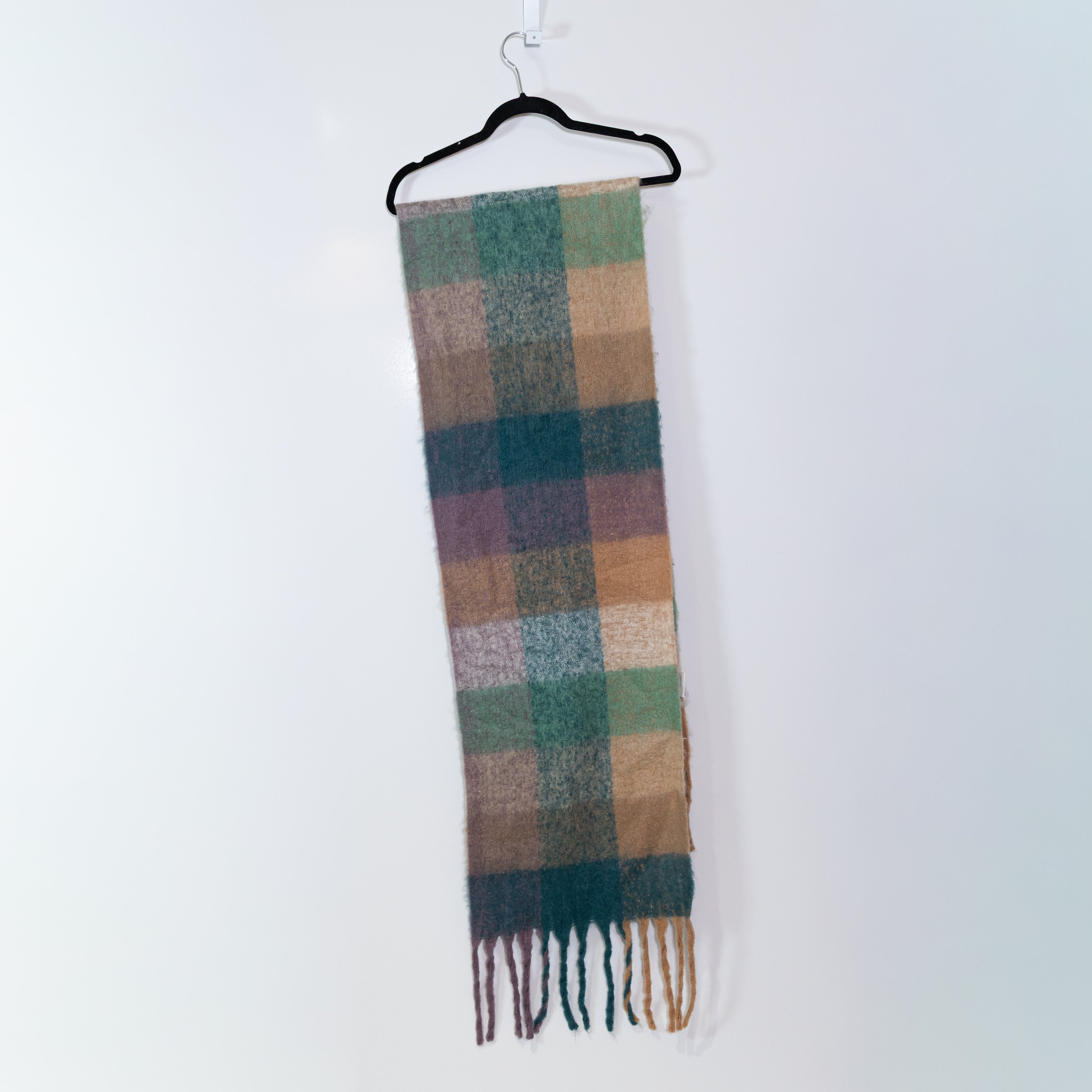 Acne Studios Wool Blend Knit Stretch Fuzzy Check Plaid Fringe Scarf Wrap Multi