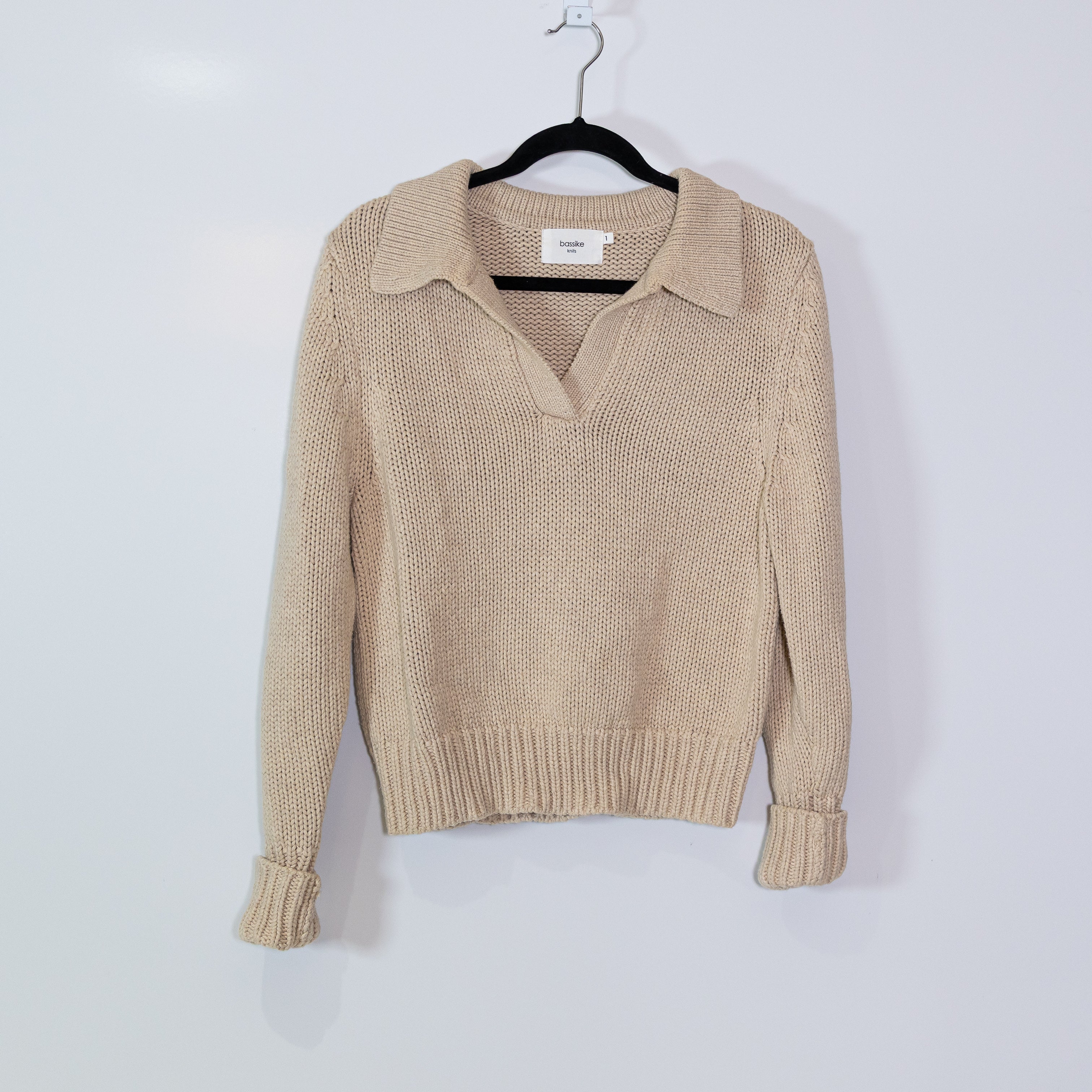 Bassike Knits Cotton Wool V Neck Collared Long Sleeve Pullover Sweater Neutral S