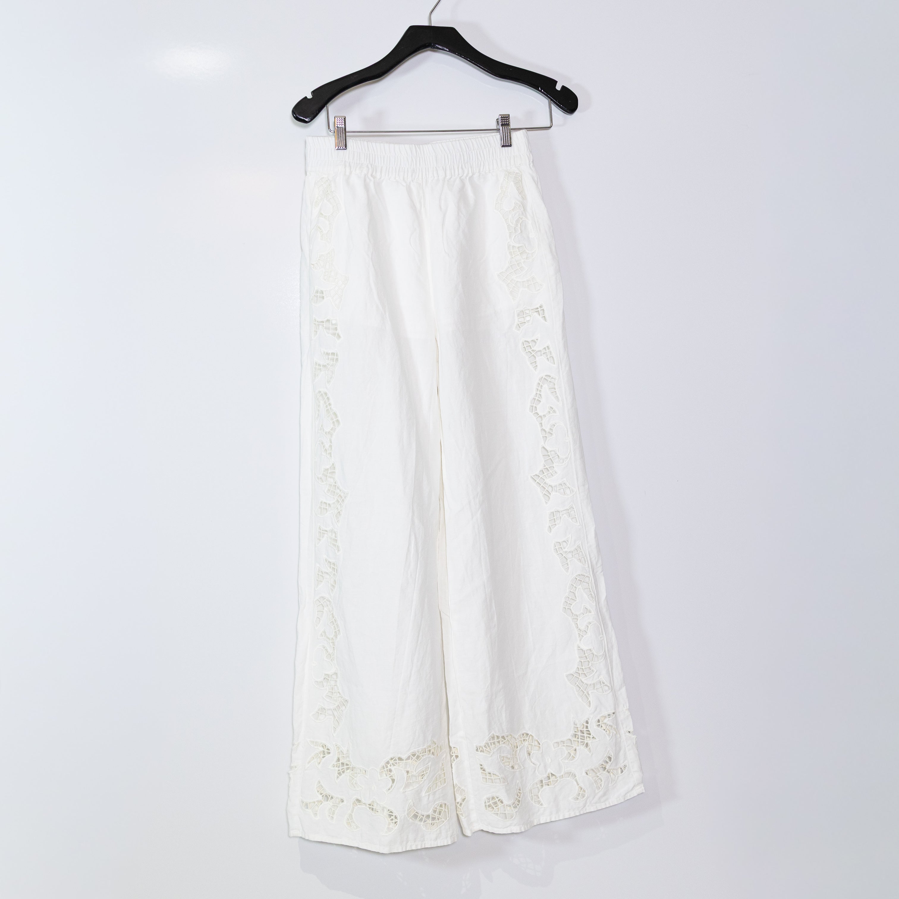 Alice + Olivia Tanya Cotton Linen Straight Leg Embroidered Eyelet Trousers Pants