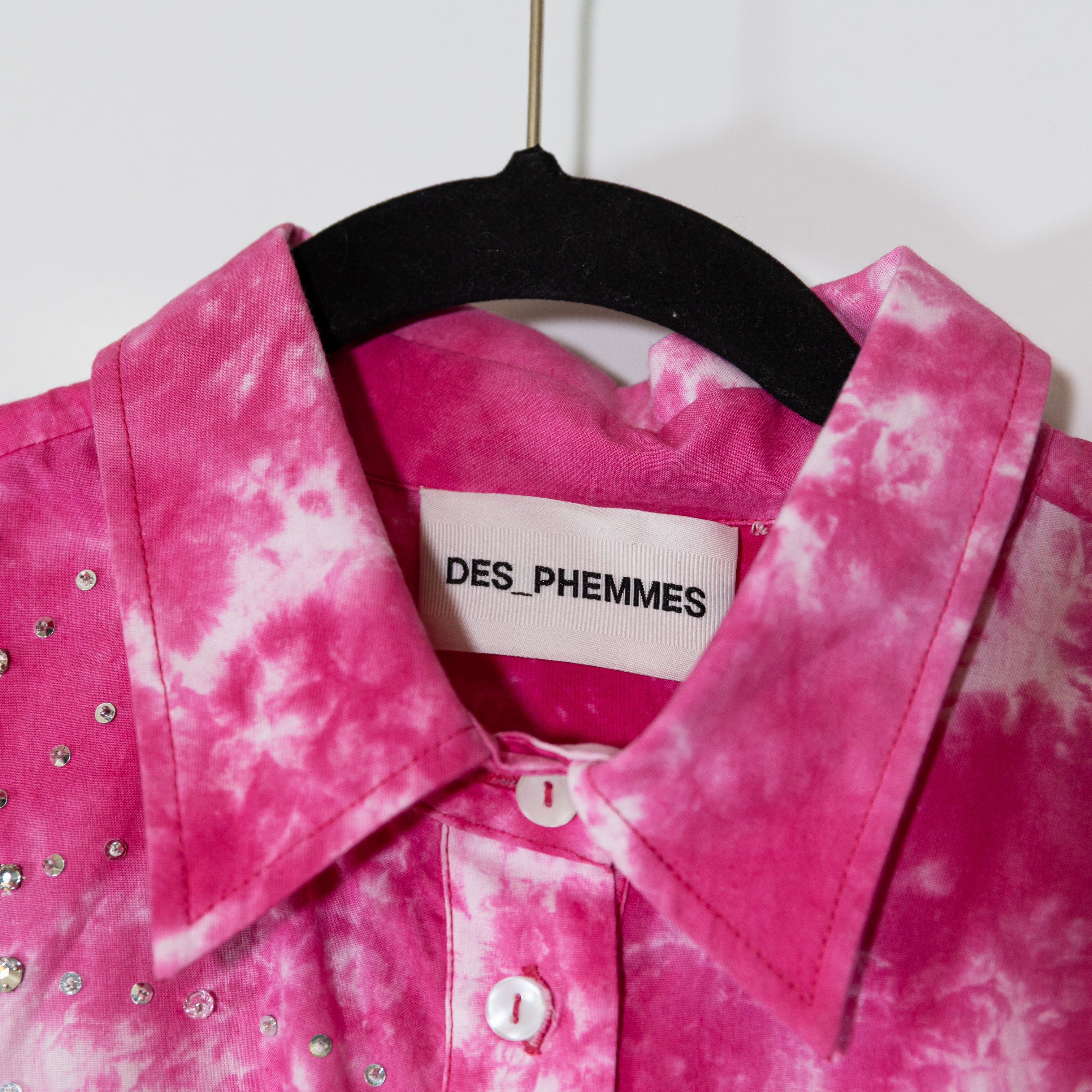 Des_Phemmes Cotton Crystal Jewel Embellished Tie Dye Button Down Shirt Pink S