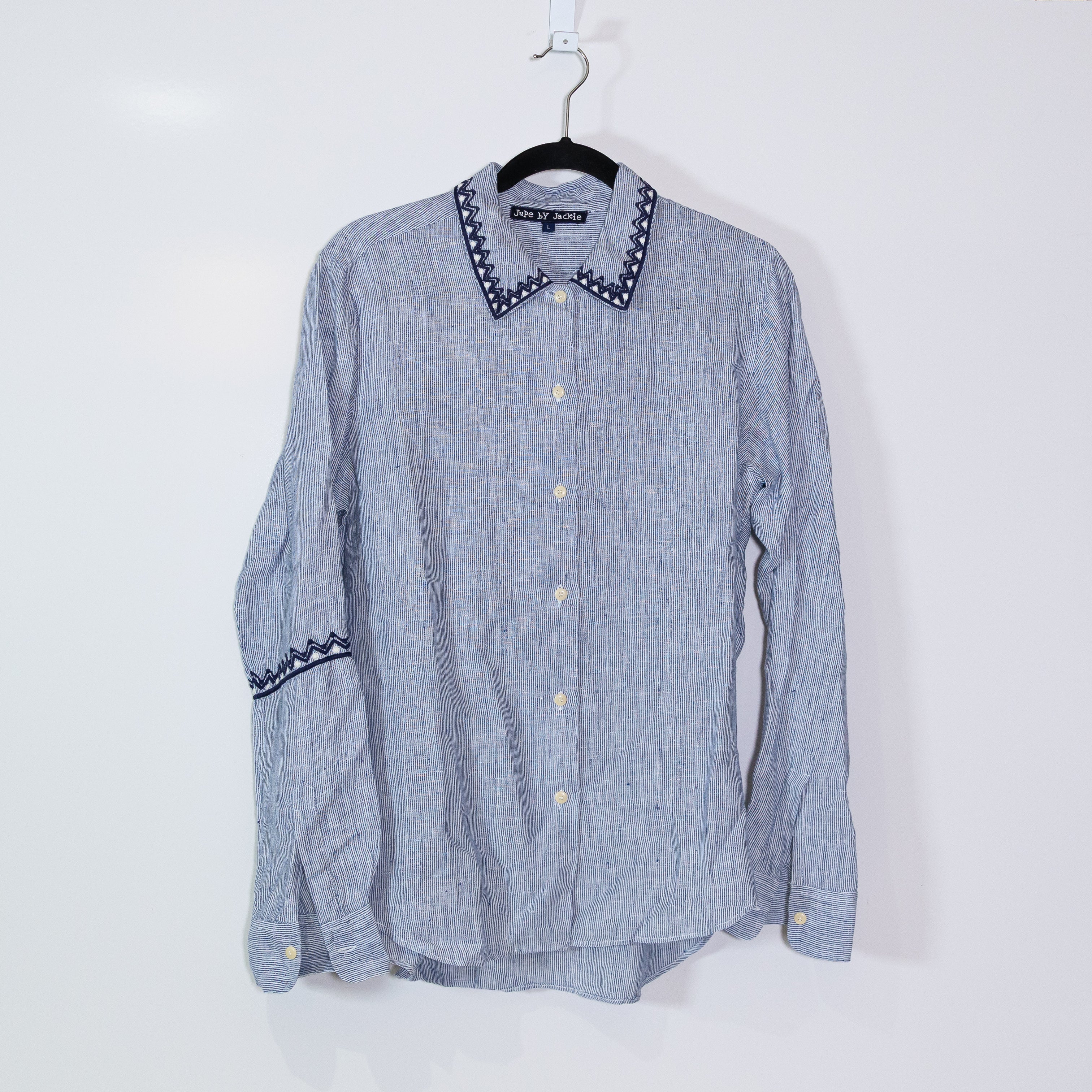 Jupe By Jackie Linen Collared Long Sleeve Button Down Pin Stripe Blouse Shirt L
