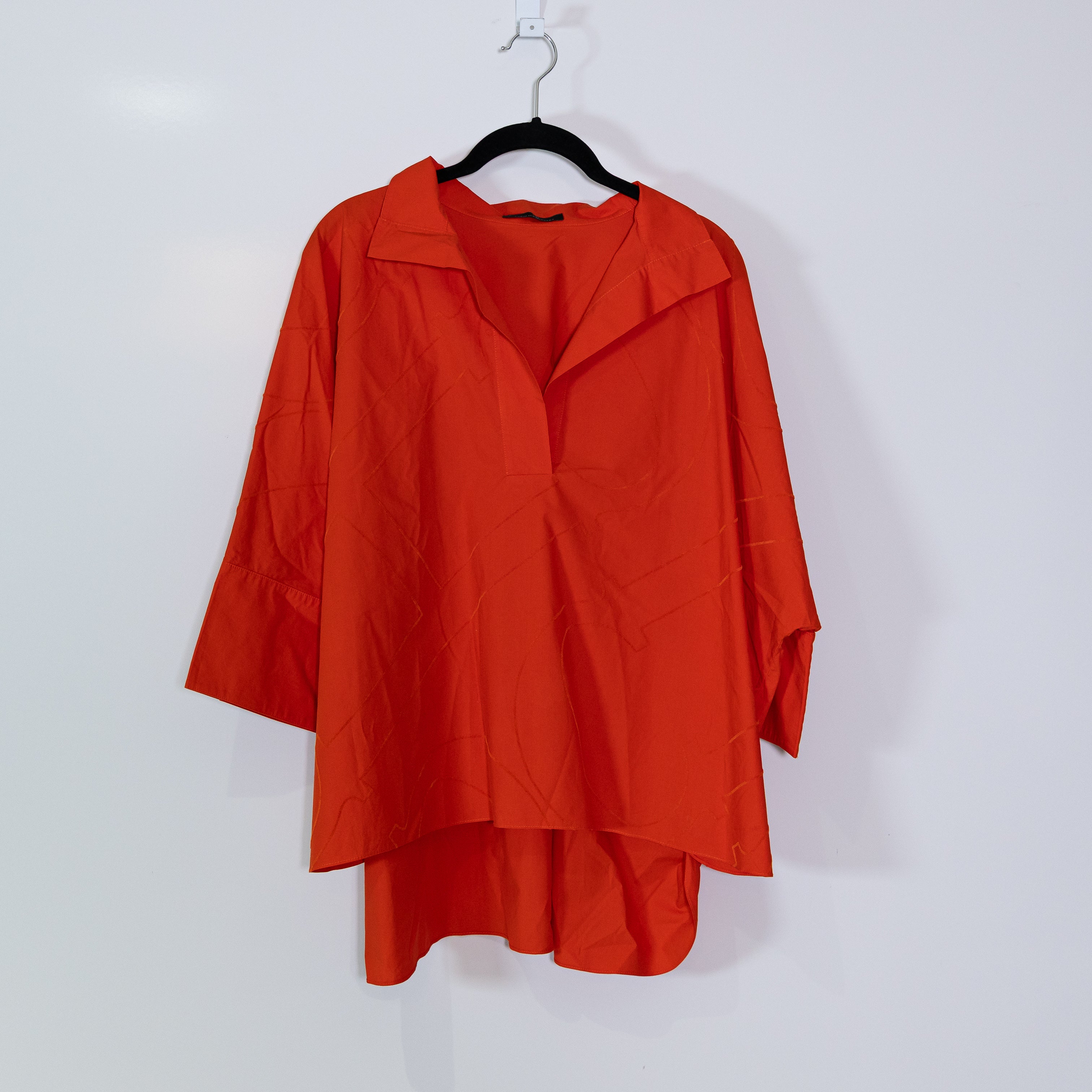Carolina Herrera Cotton Poplin Logo Embossed V Neck Oversized Blouse Shirt Top