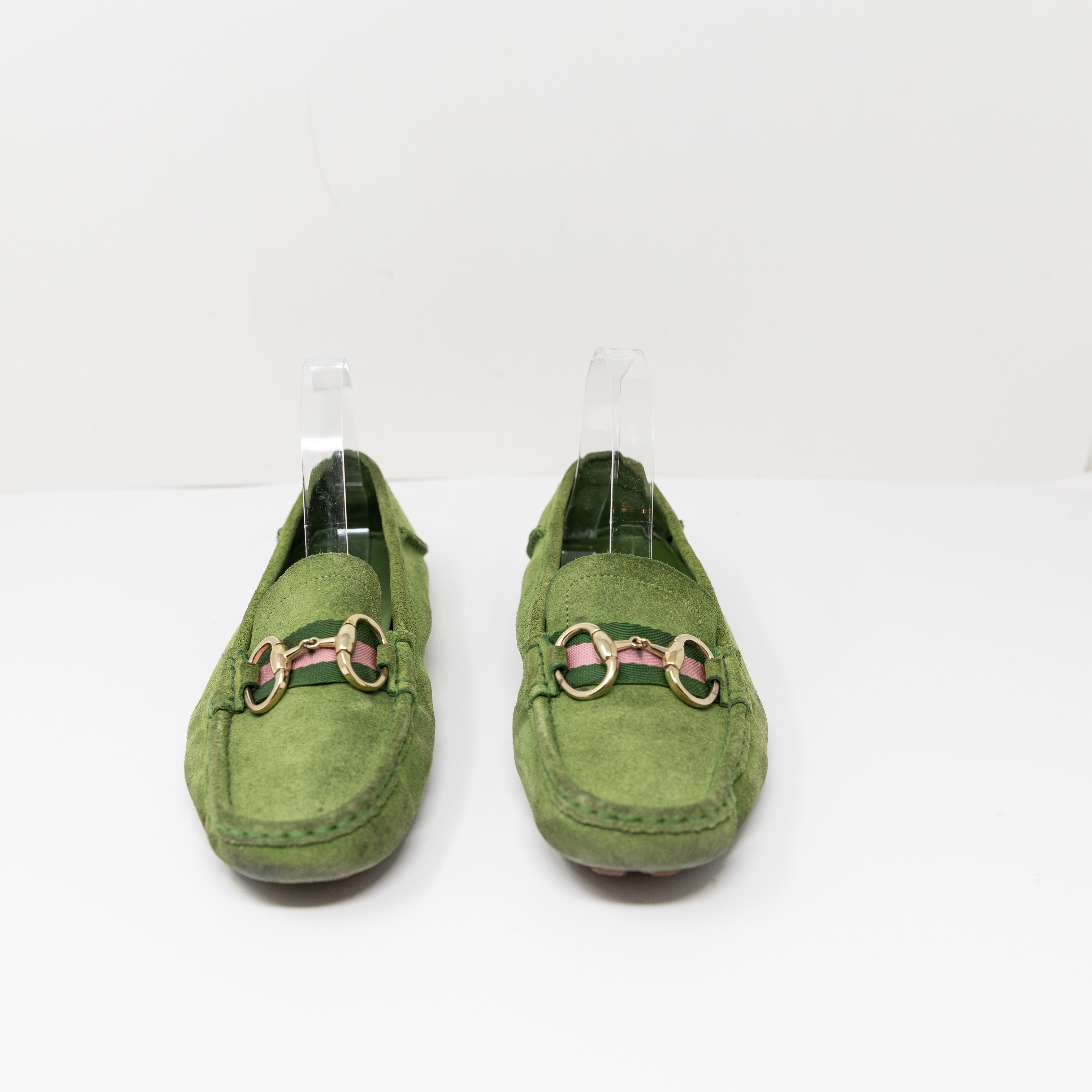 Gucci Women's Genuine Suede Leather Horsebit Buckle Slip On Loafers Flats Green