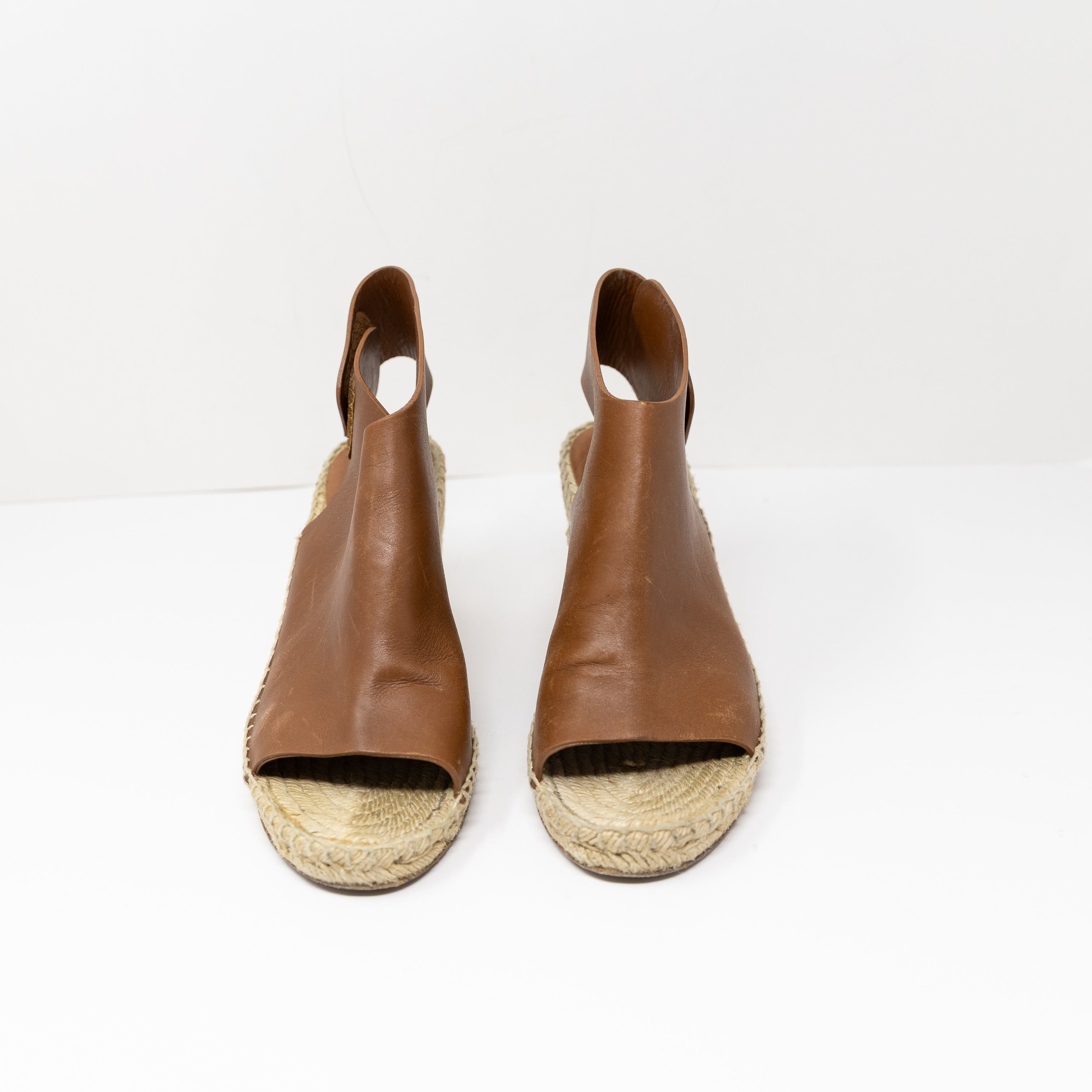 Celine Genuine Leather Open Toe Braided Espadrille Wedge Sandal Heel Brown 9