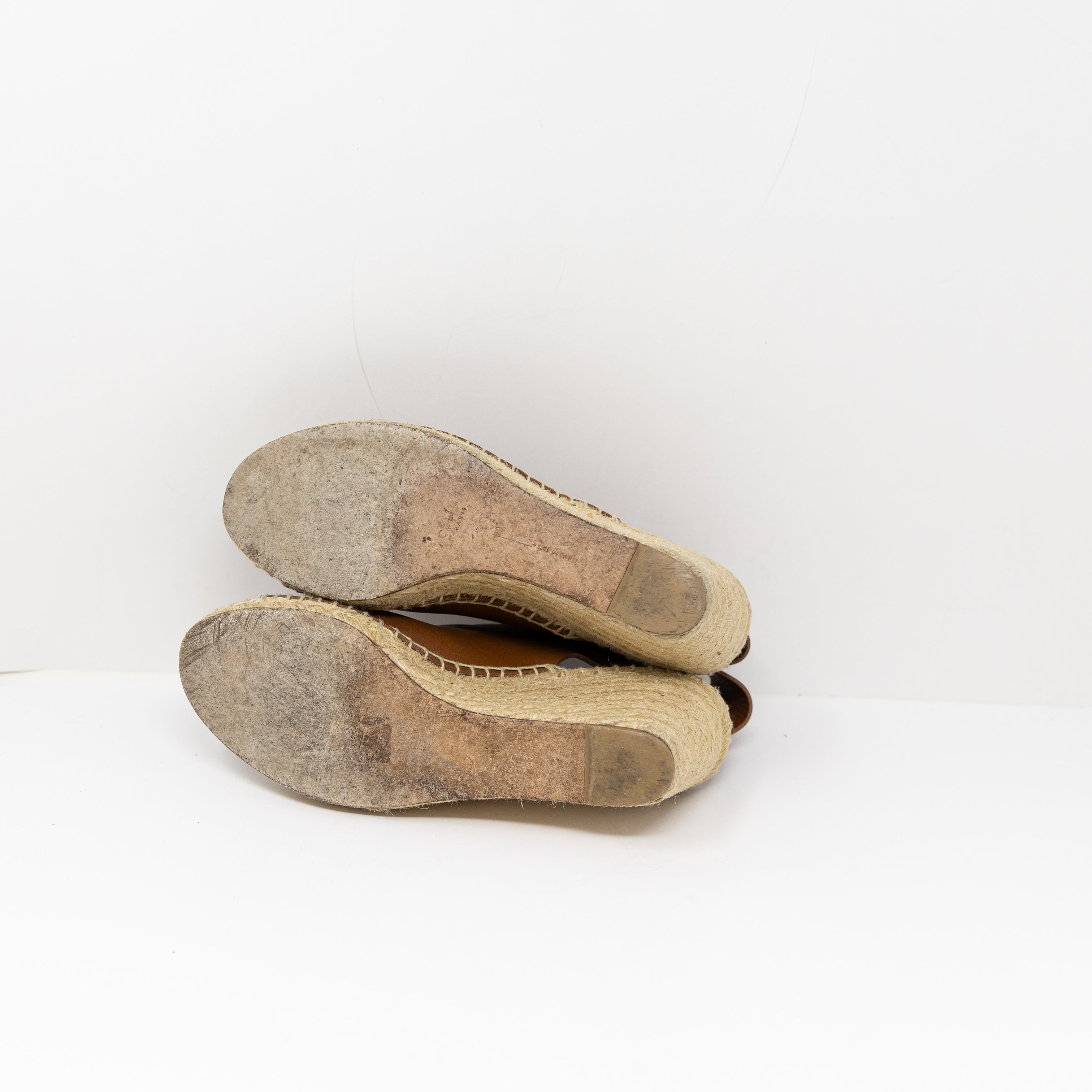 Celine Genuine Leather Open Toe Braided Espadrille Wedge Sandal Heel Brown 9