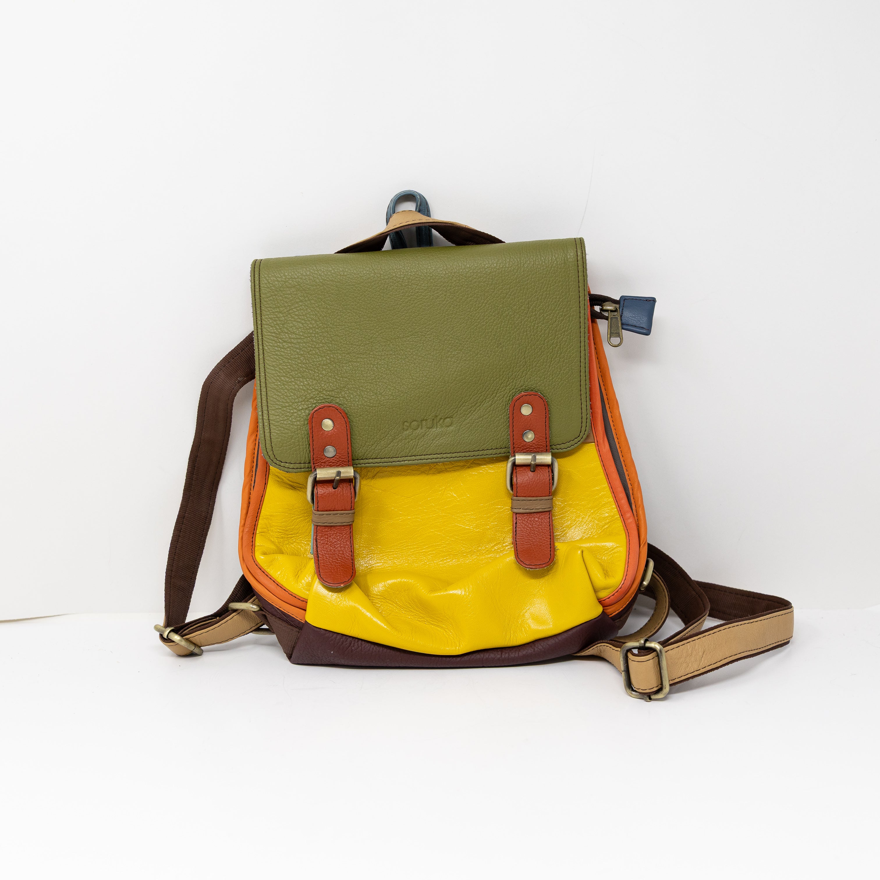 Soruka Freya Genuine Leather Green Yellow Orange Colorblock Backpack Purse Bag