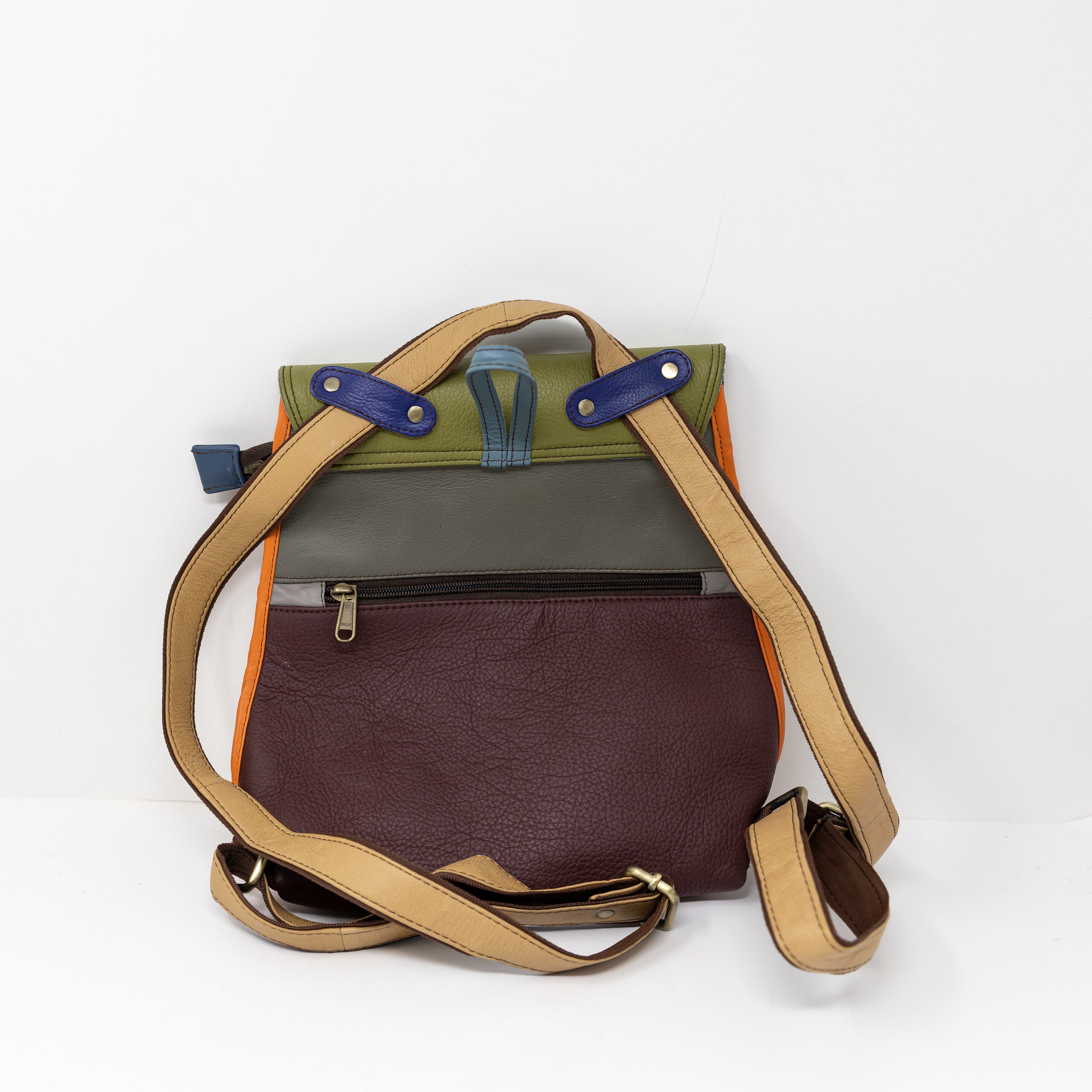 Soruka Freya Genuine Leather Green Yellow Orange Colorblock Backpack Purse Bag