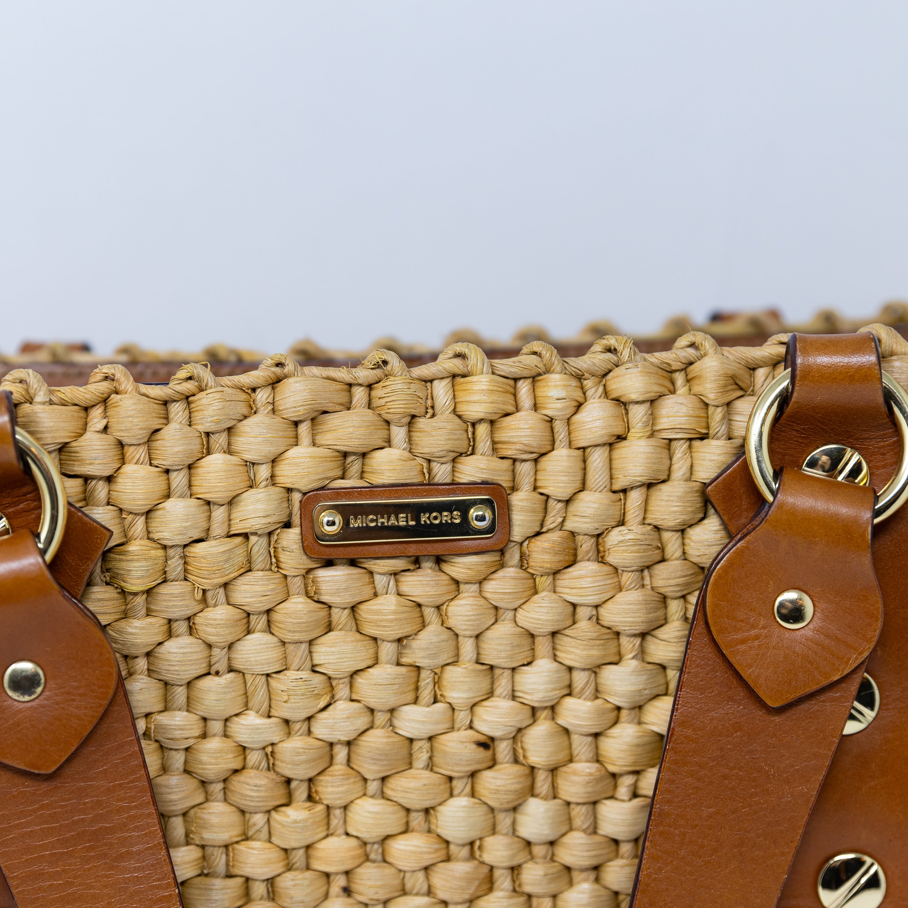 Michael Kors Santorini Basket Woven Weave Genuine Leather Trim Square Purse Bag