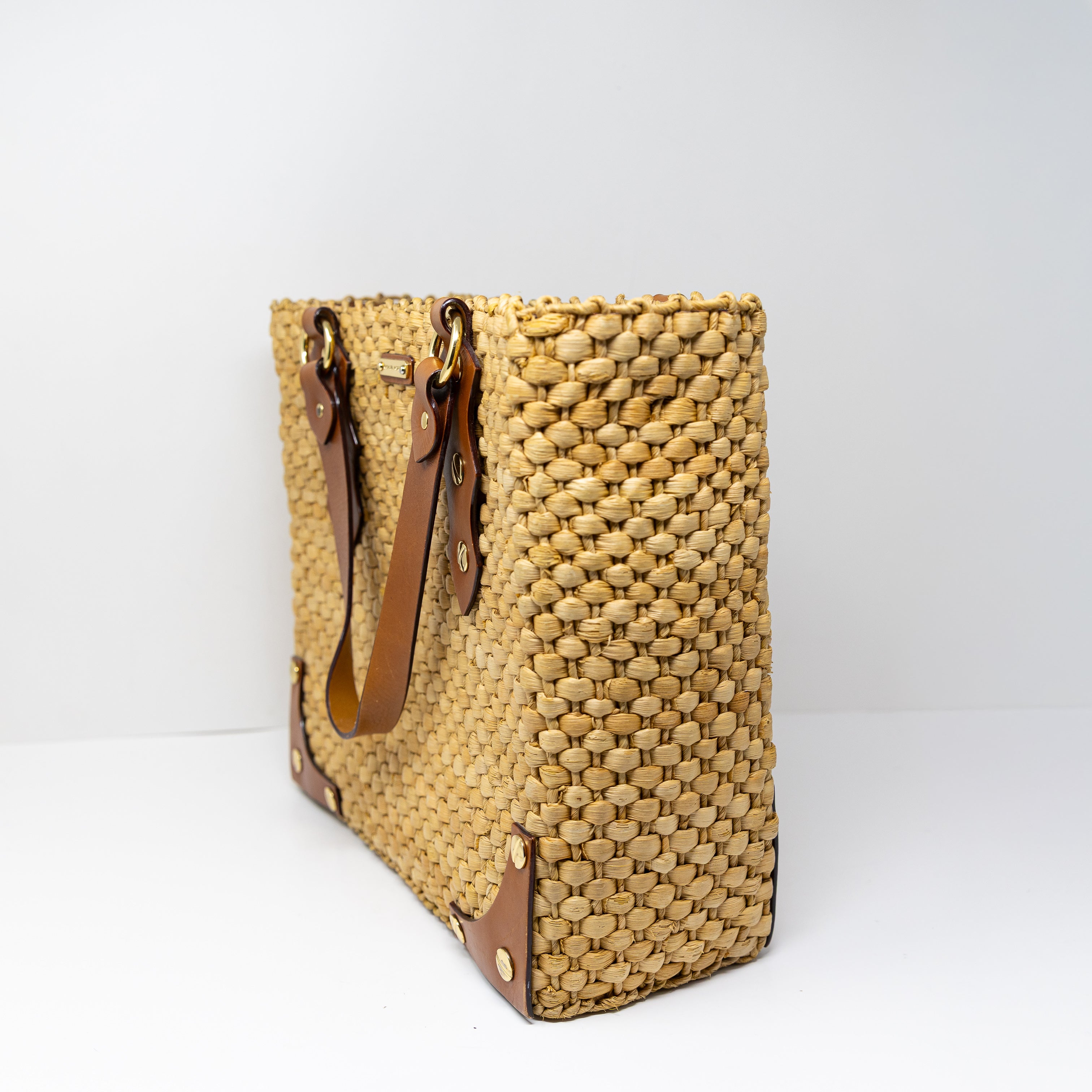 Michael Kors Santorini Basket Woven Weave Genuine Leather Trim Square Purse Bag