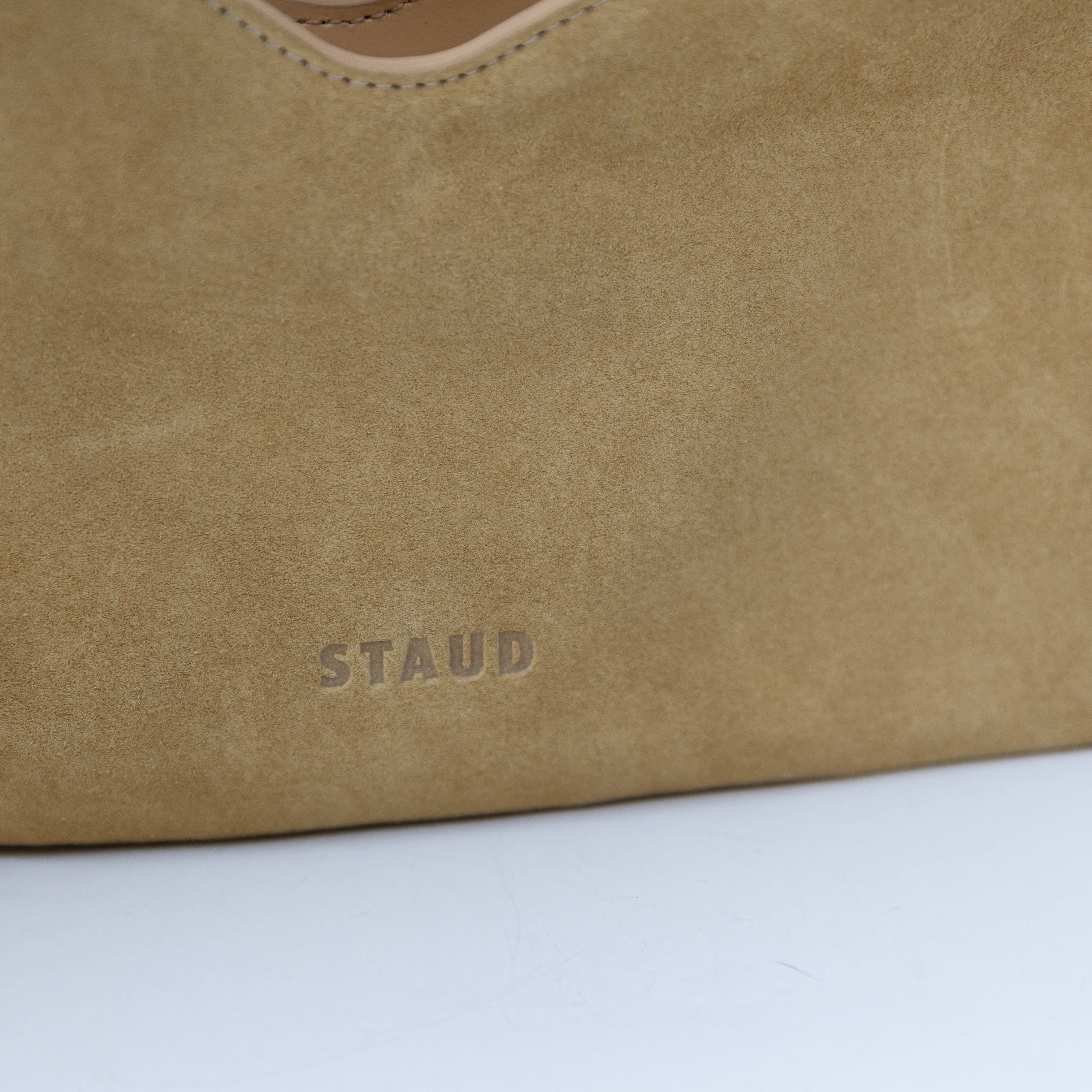 Staud Valerie Genuine Suede Leather Convertible Shoulder Purse Bag Neutral Tan