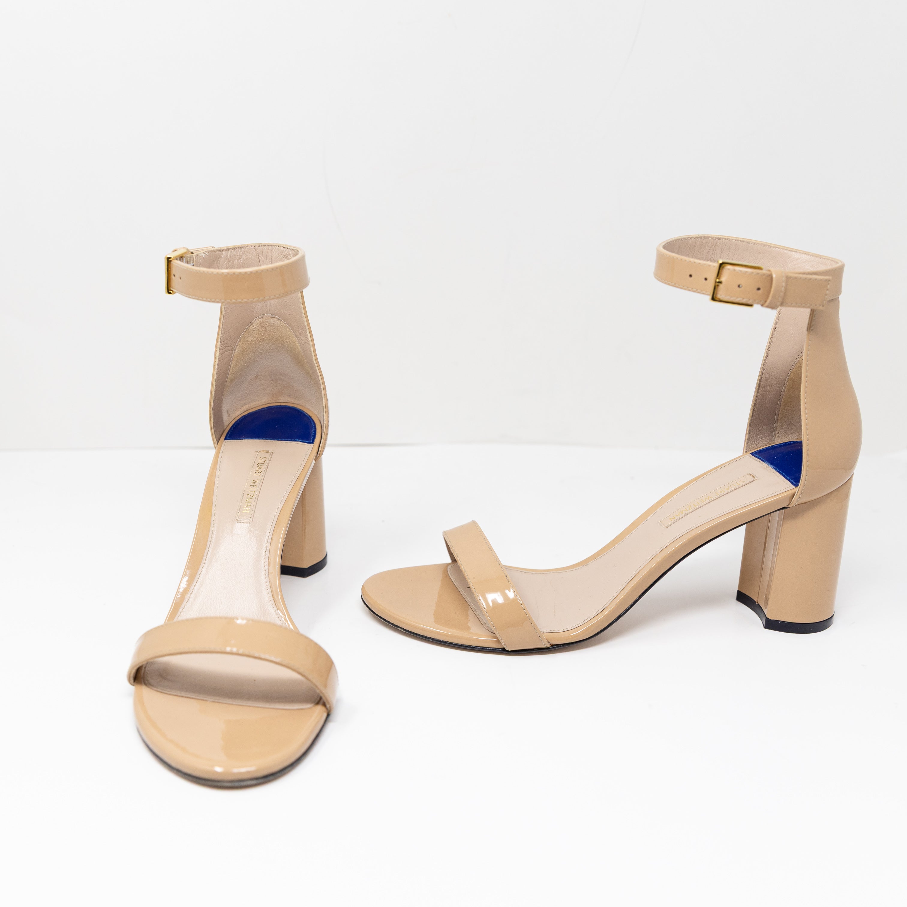 Stuart Weitzman Nudistcurve Genuine Patent Leather Block Heel Ankle Strap Heels