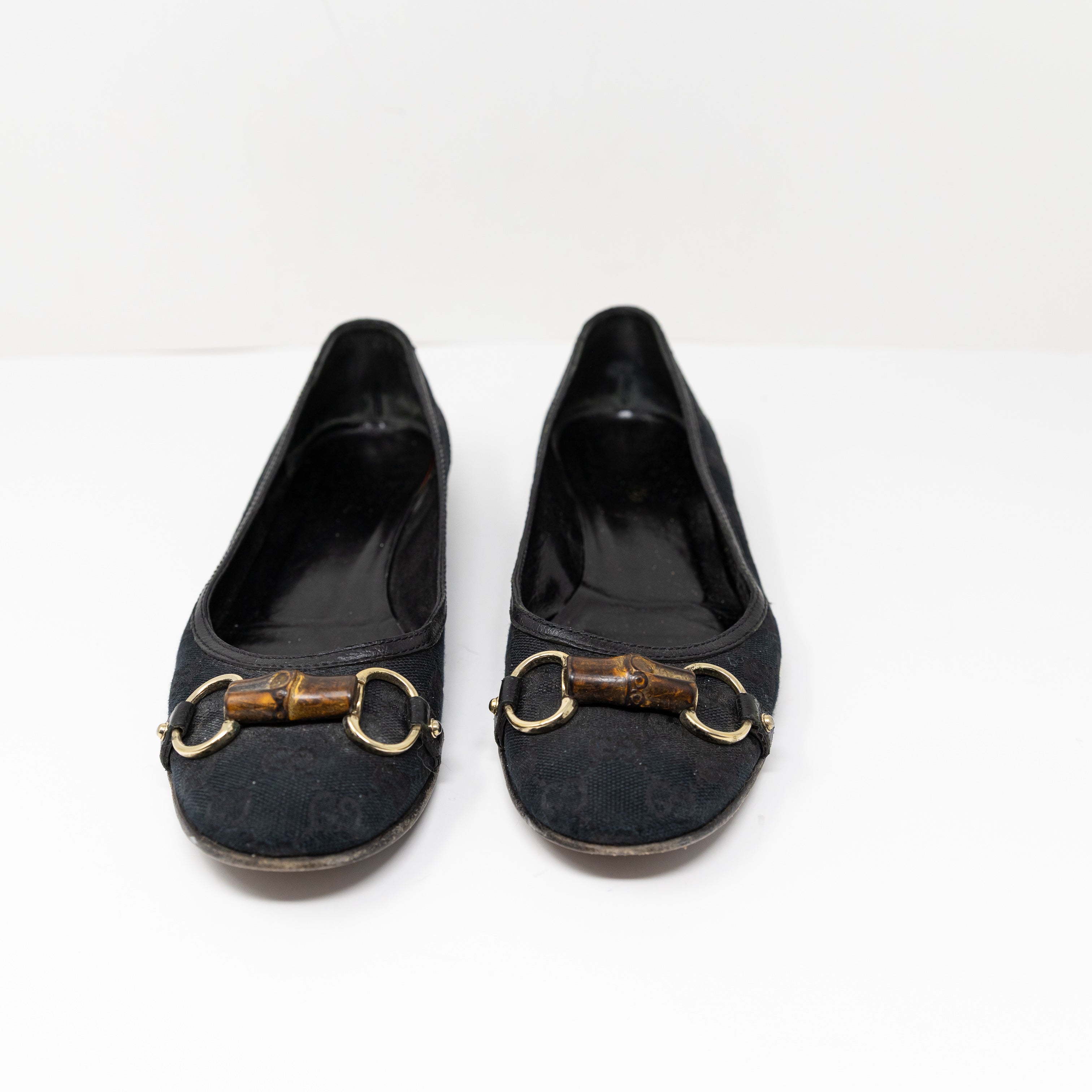Gucci Women's GG Logo Cotton Canvas Bamboo Horsebit Slip On Ballet Flats Shoes 9