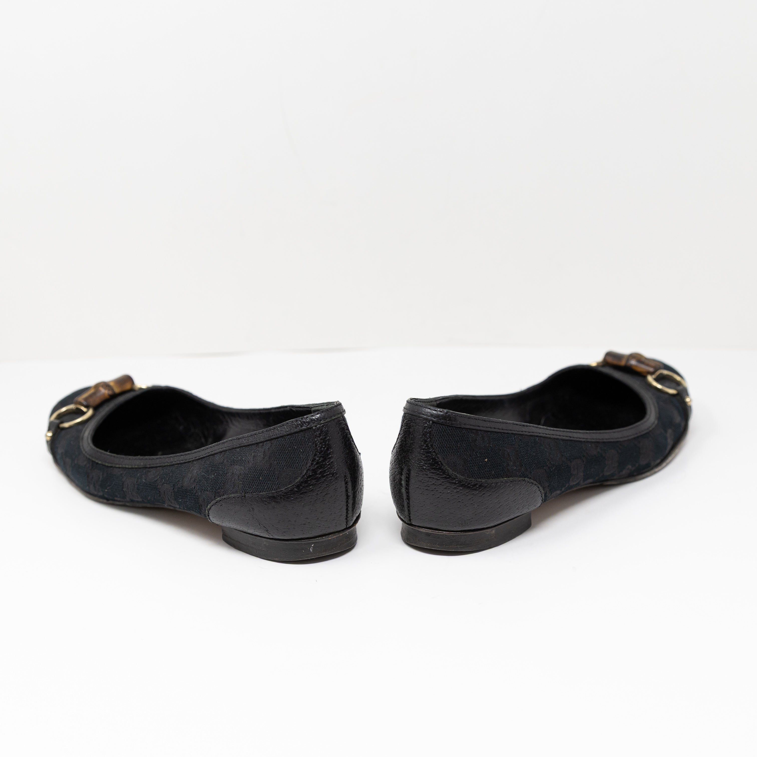 Gucci Women's GG Logo Cotton Canvas Bamboo Horsebit Slip On Ballet Flats Shoes 9