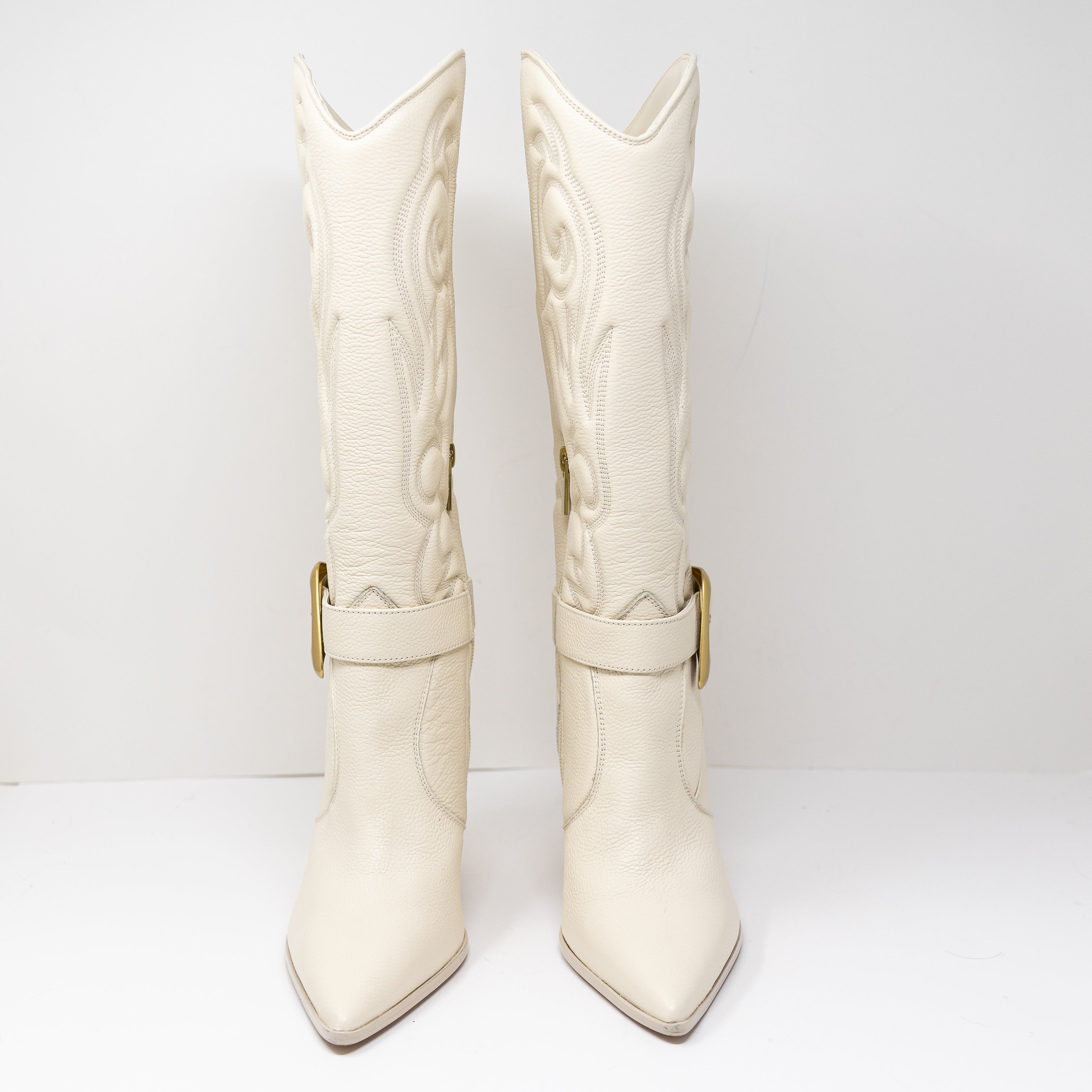 NEW Vince Camuto Biancaa Embroidered High Heel Western Cowboy Boots Shoes Ivory