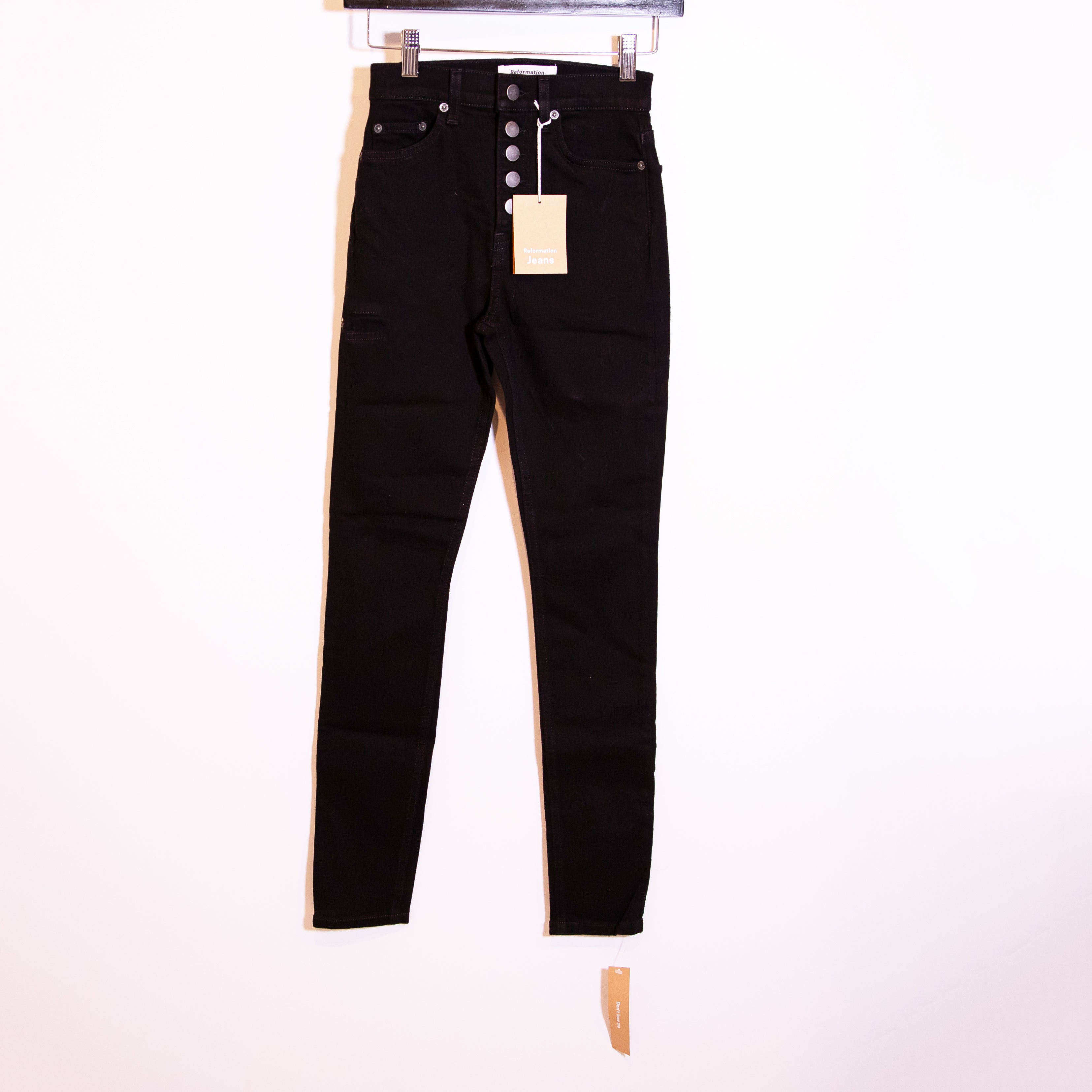 NEW Reformation Harper Button Fly High Rise Skinny Cotton Stretch Jeans Black 23
