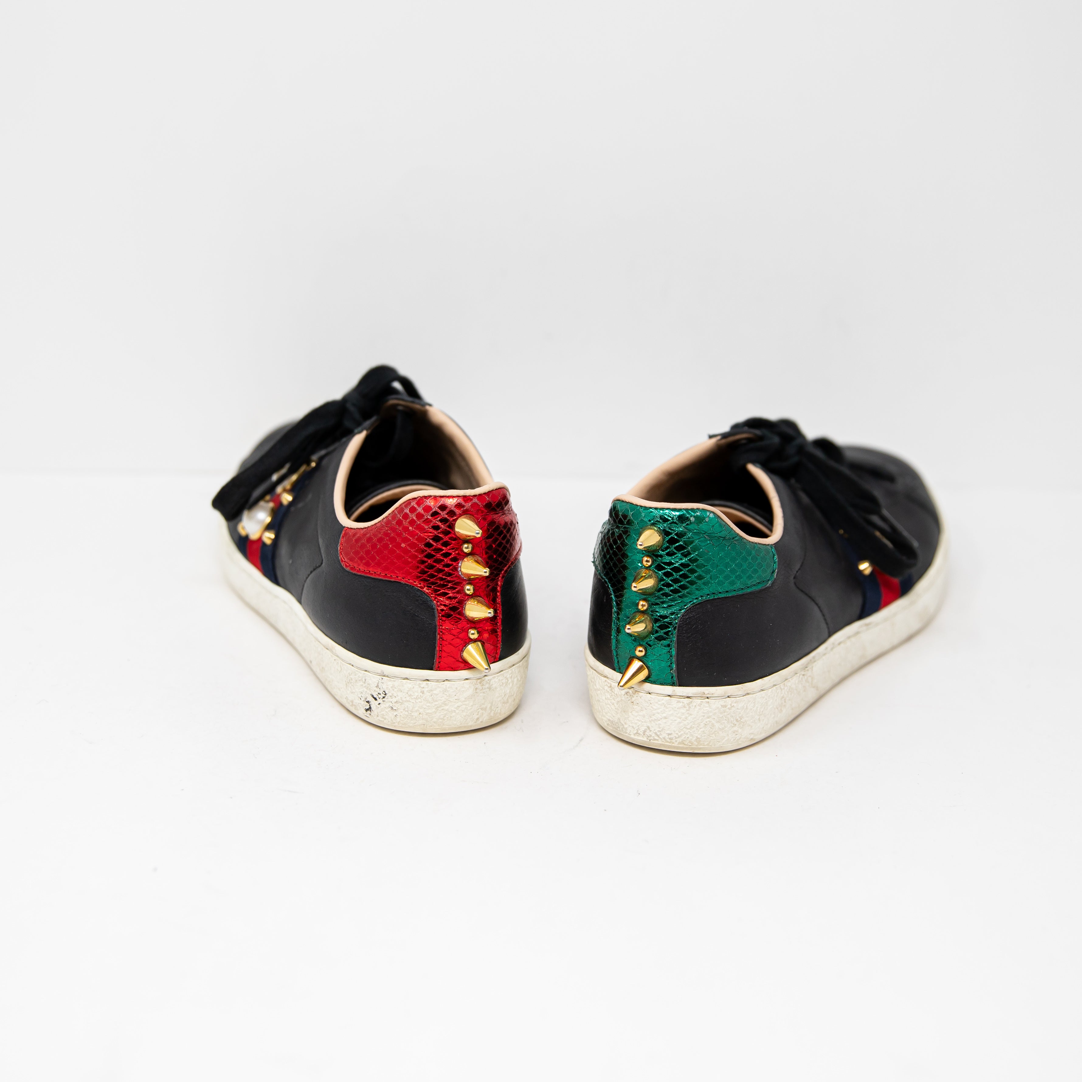 Gucci Women's Ace Web Studded Pearl Spike Embellished Leather Low Top Sneakers 5