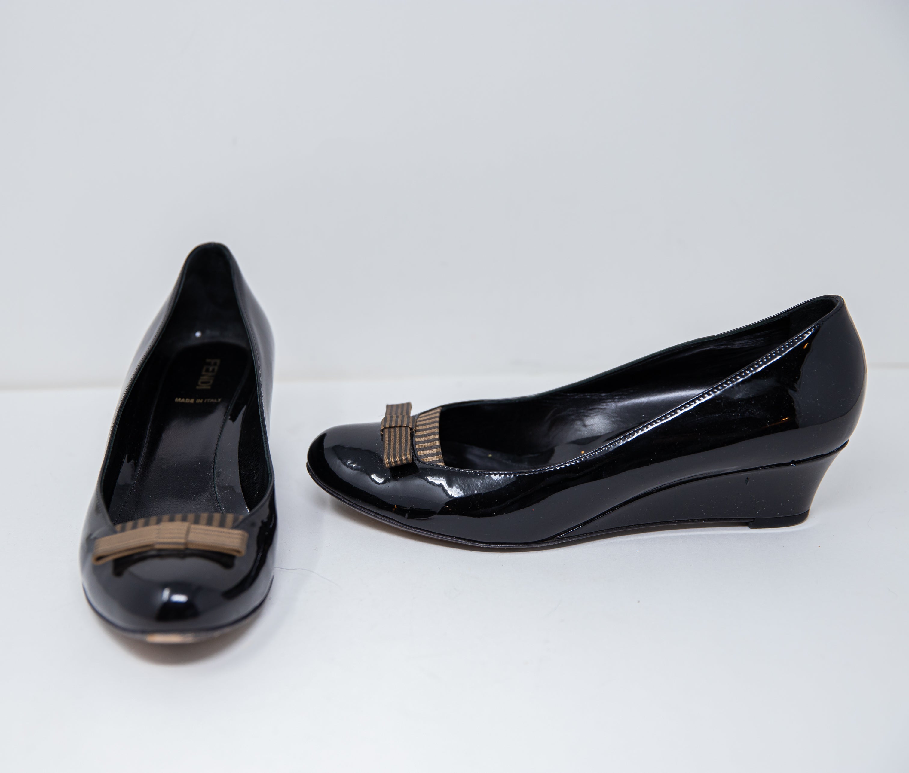 Fendi Women's Made In Italy Patent Leather Round Toe Slip On Wedge High Heels