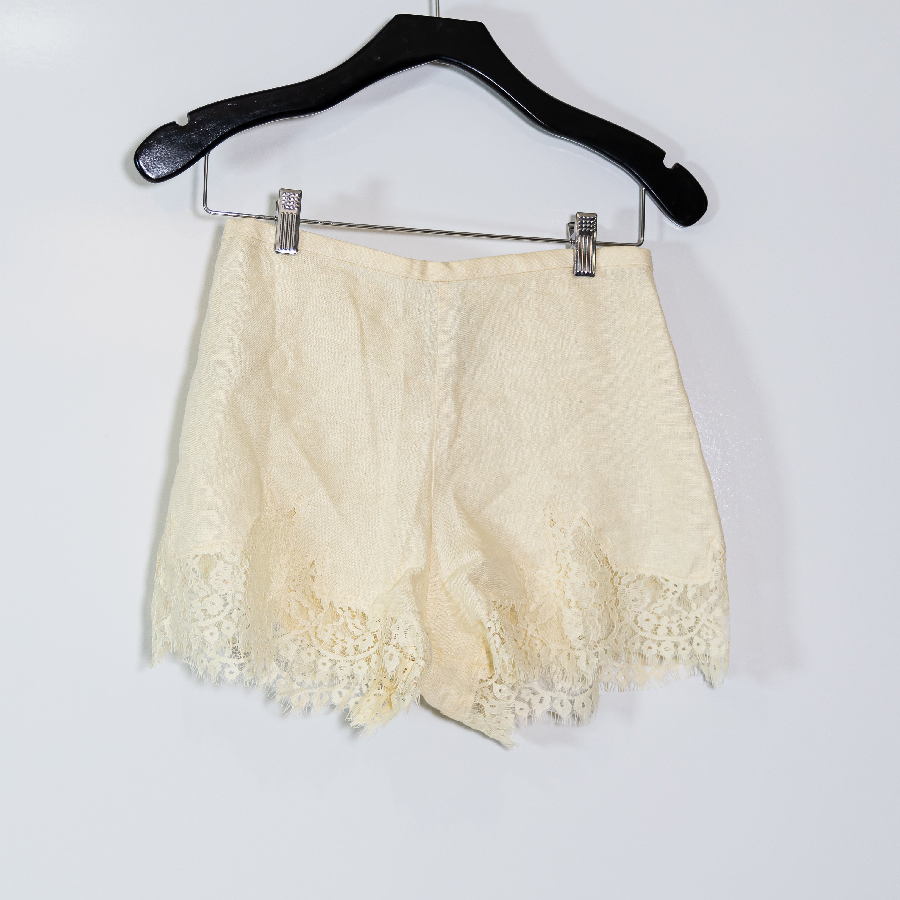 Reformation Women's Fern Linen High Waisted Lace Trim Mini Shorts Sugar Small