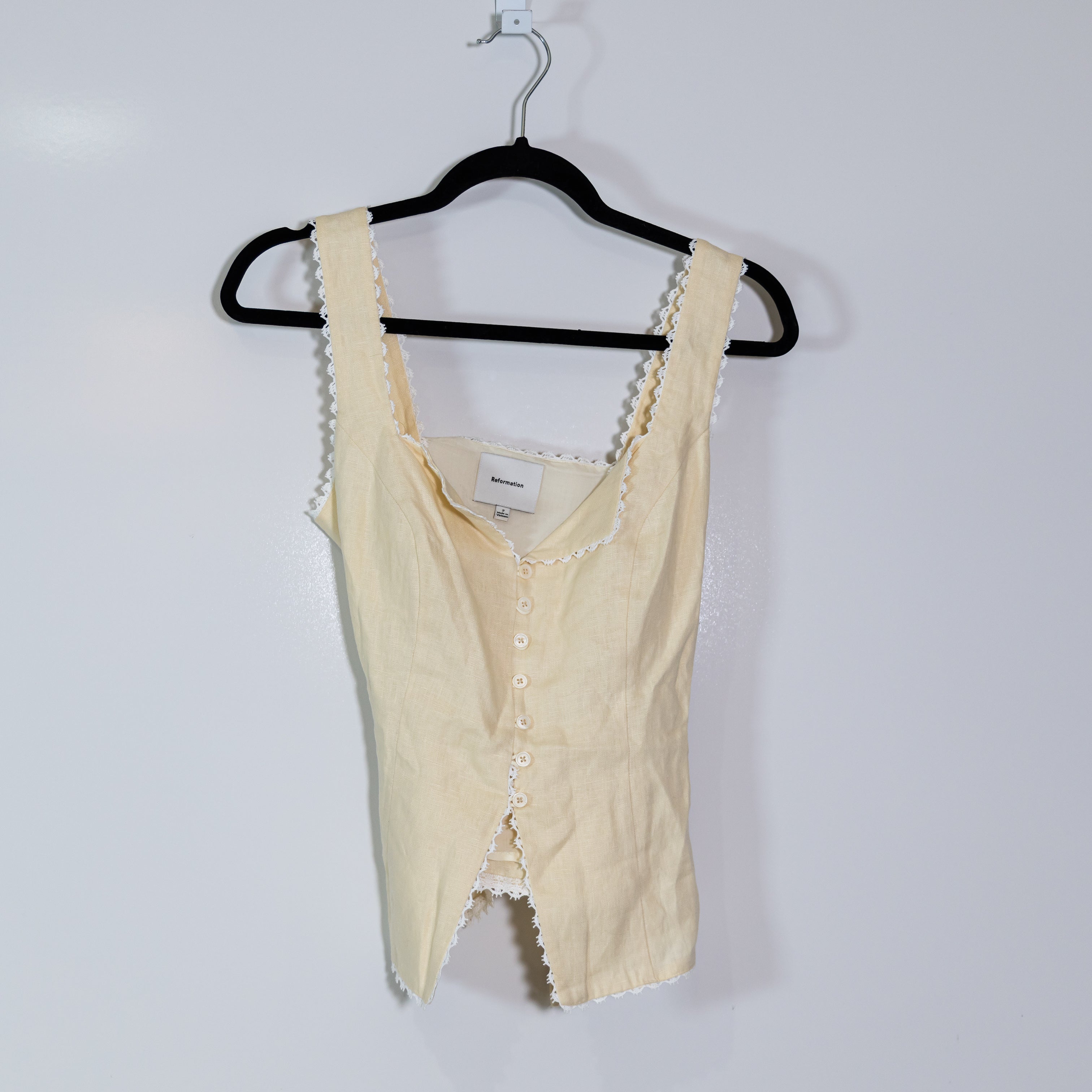 Reformation Viola Linen Woven Lace Trim Button Up Front Tank Top Blouse Sugar 2