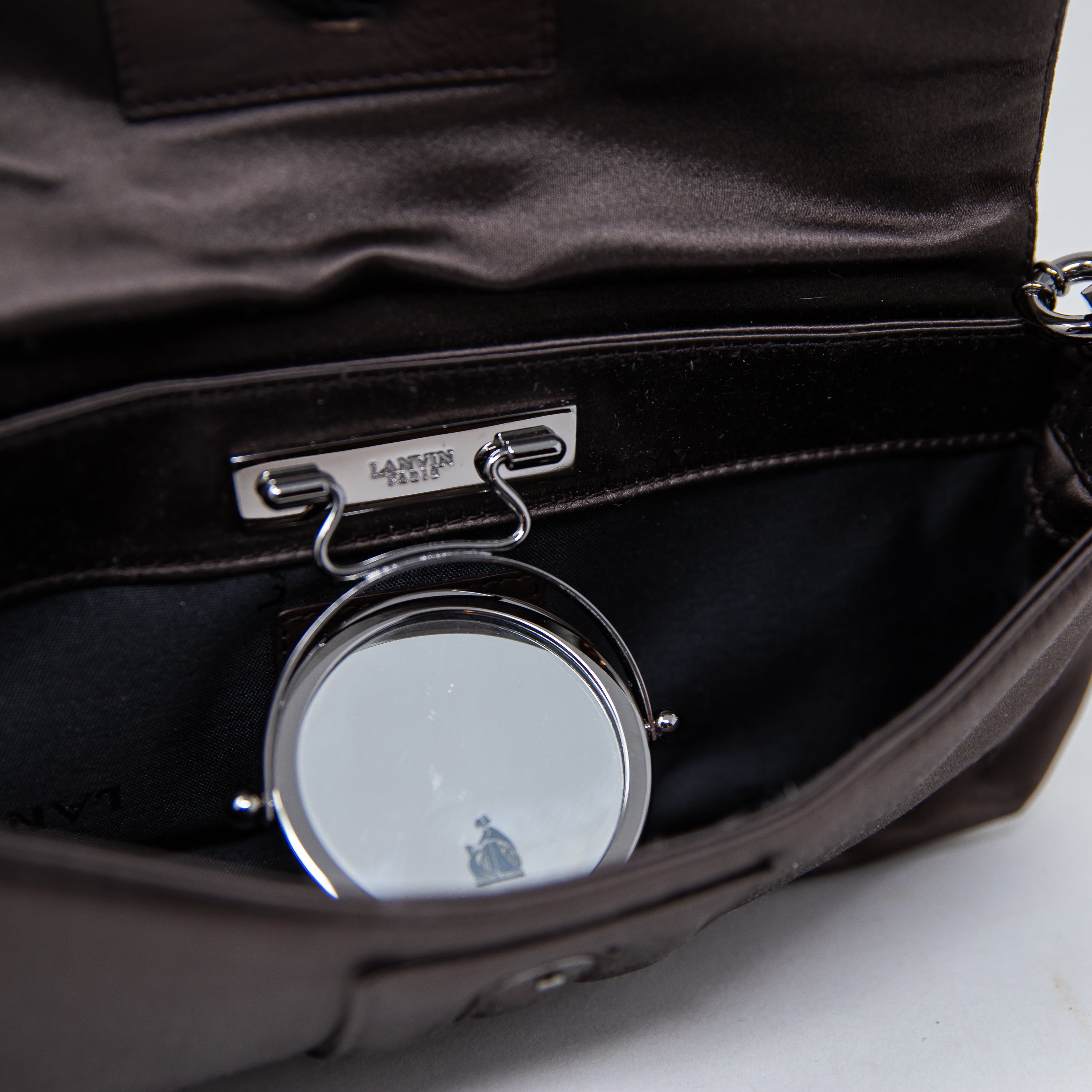 Lanvin Silk Satin Lucite Stone Rectangular Mini Shoulder Bag Purse Brown Silver