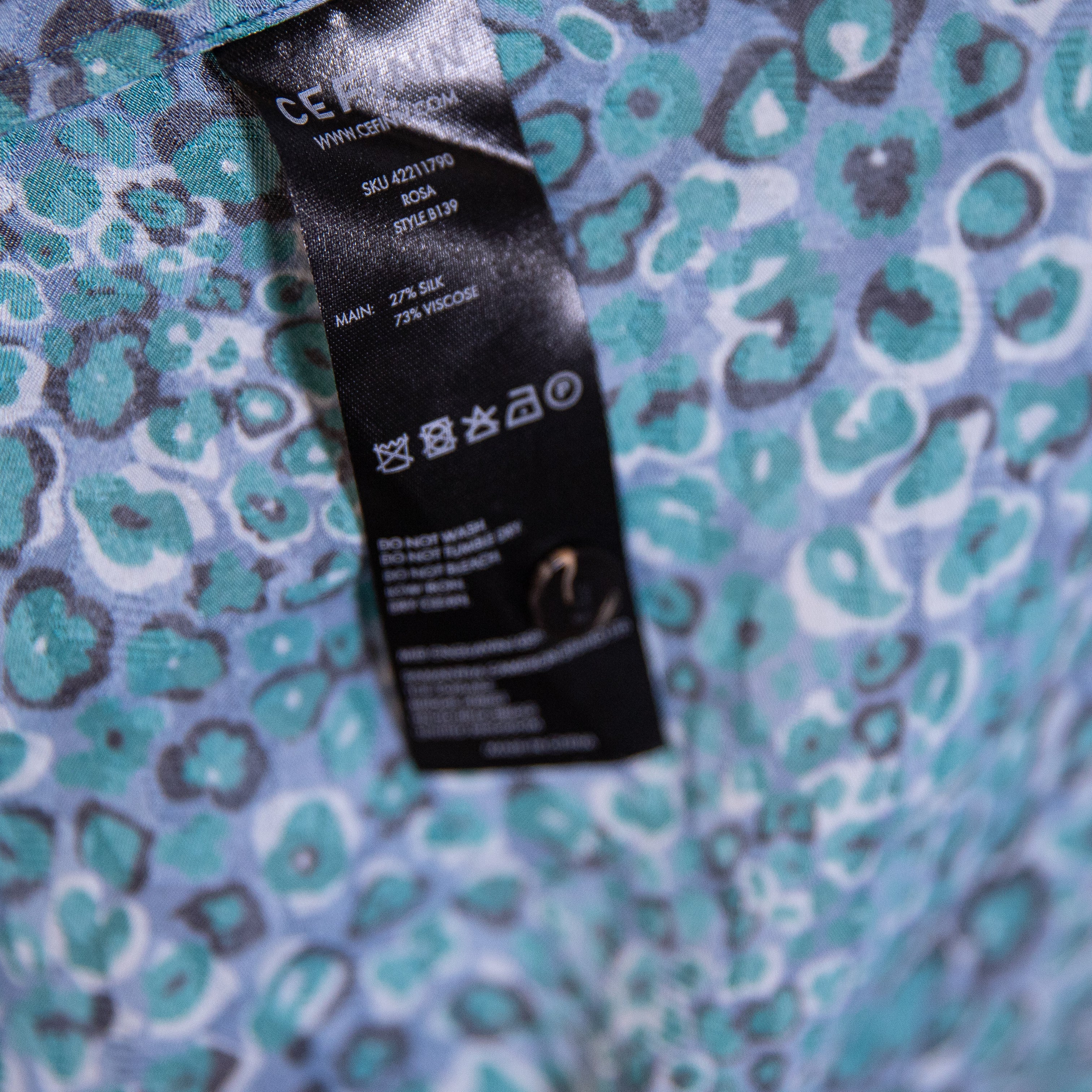 Cefinn Silk Chiffon Blue Green Print Pattern Collared Button Down Blouse Shirt 8