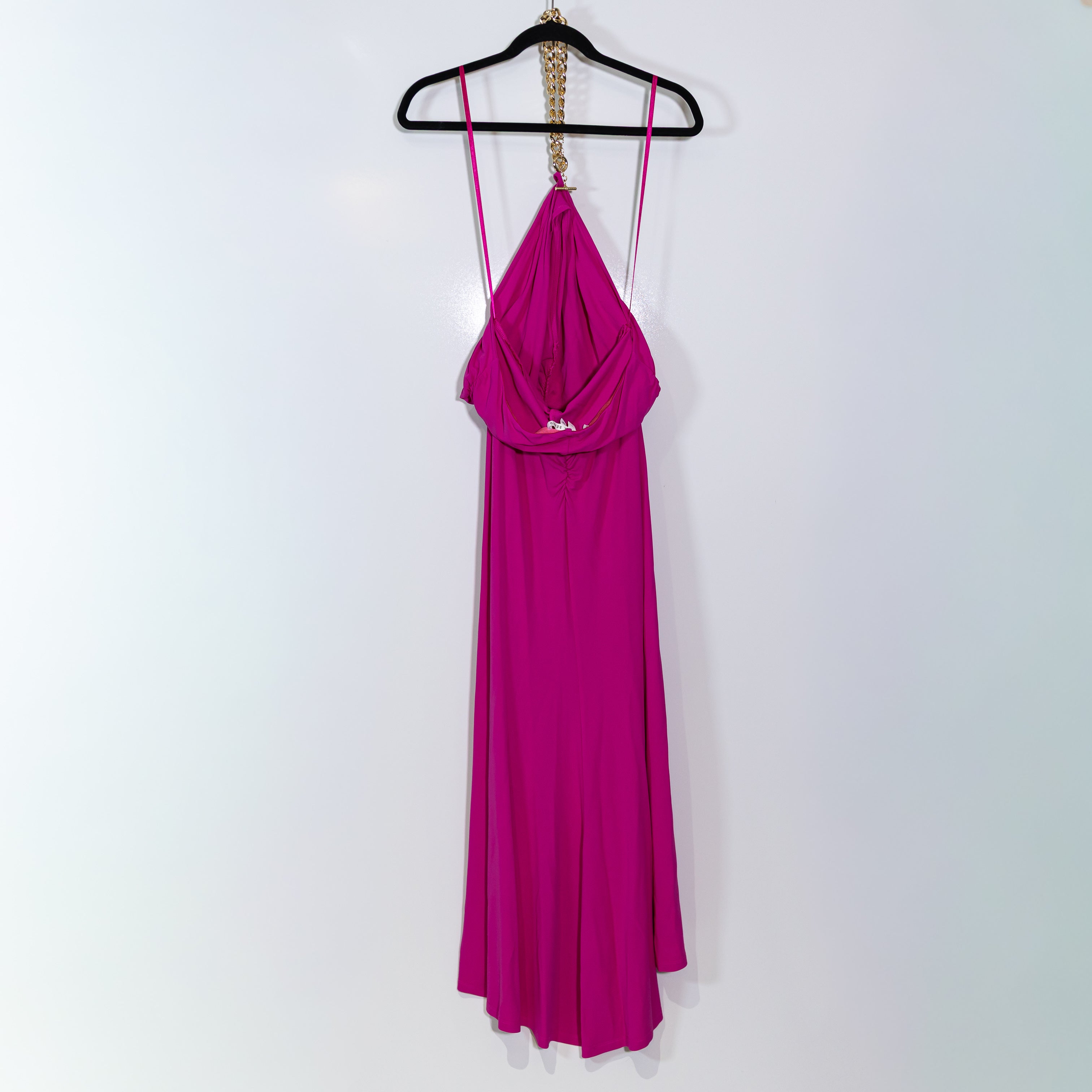 Veronica Beard Reze Jersey Knit Stretch Ruched Gold Chain Halterneck Dress Pink