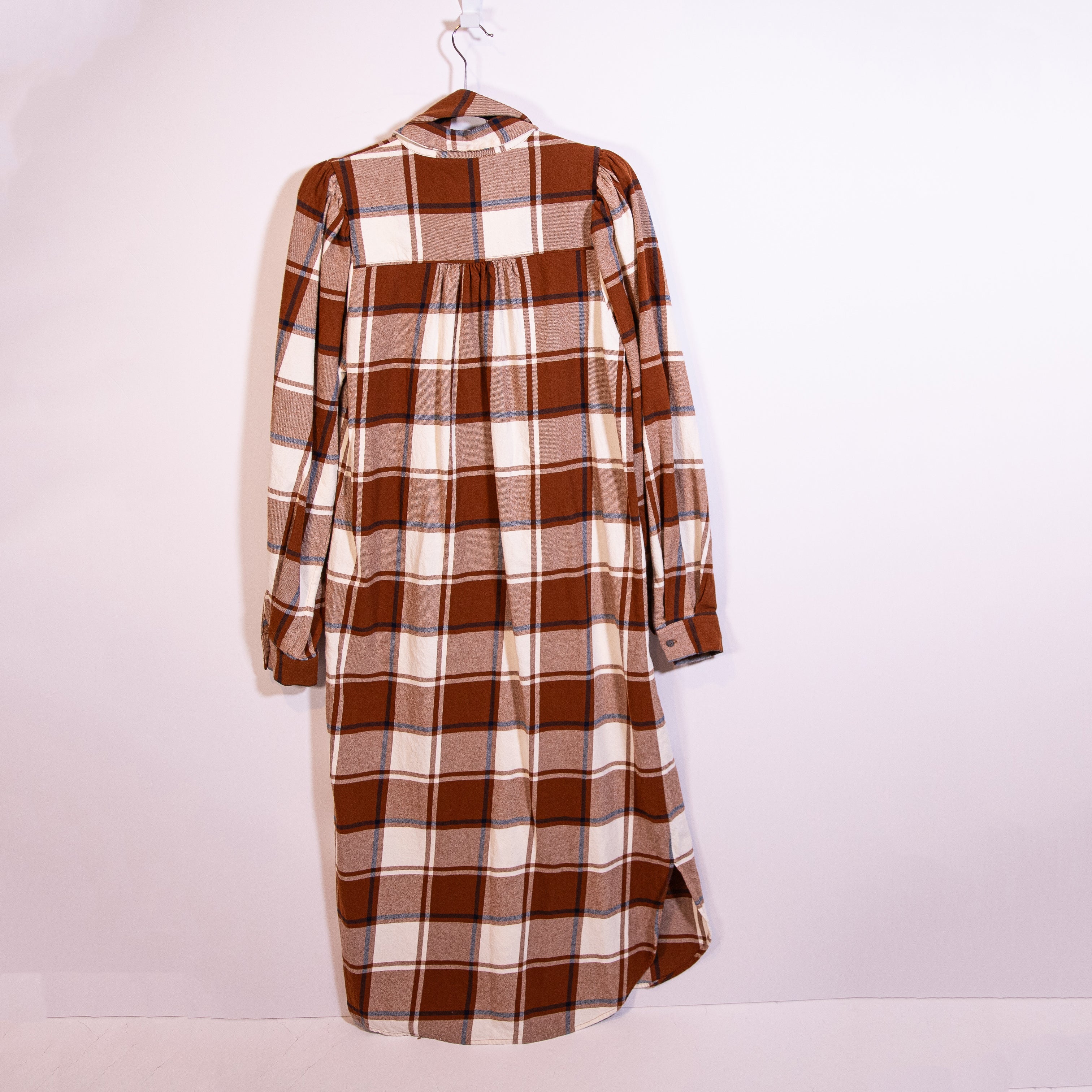 Essentiel Antwerp Abetty Robe Check Plaid Print Pattern Brown White Midi Dress