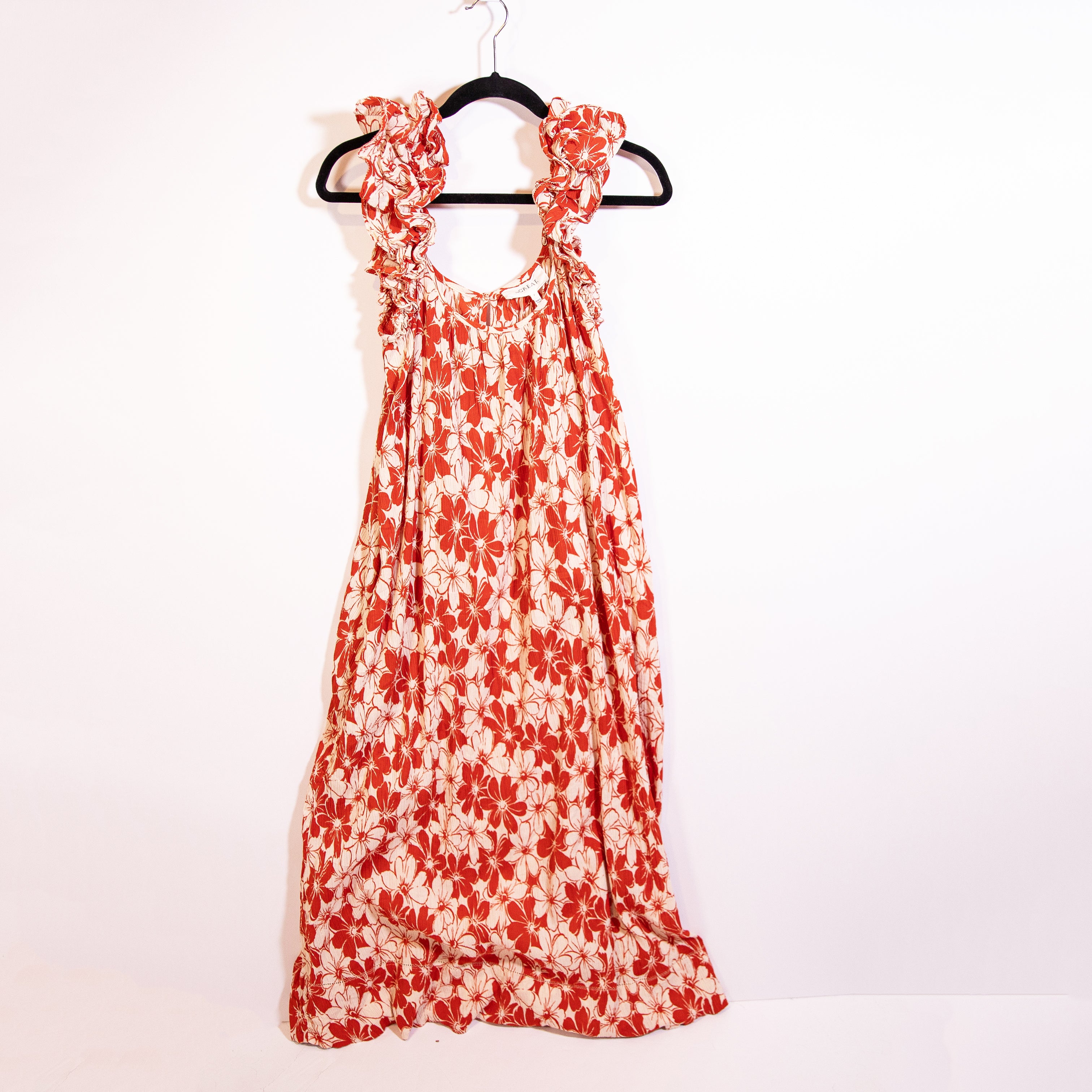 The Great Cascade Dress Crepe Ruffle Sleeve Burnt Red Hibiscus Flower Print Maxi
