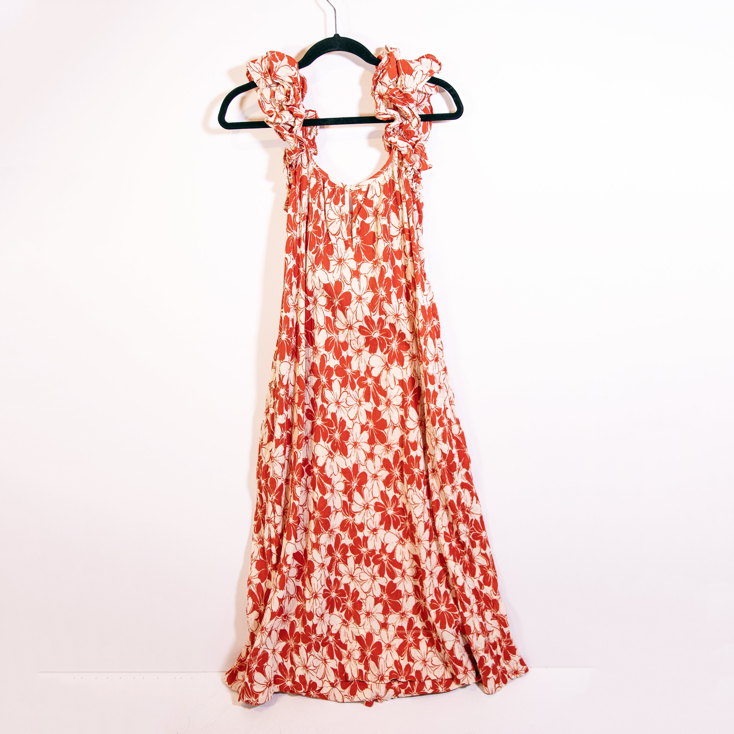The Great Cascade Dress Crepe Ruffle Sleeve Burnt Red Hibiscus Flower Print Maxi