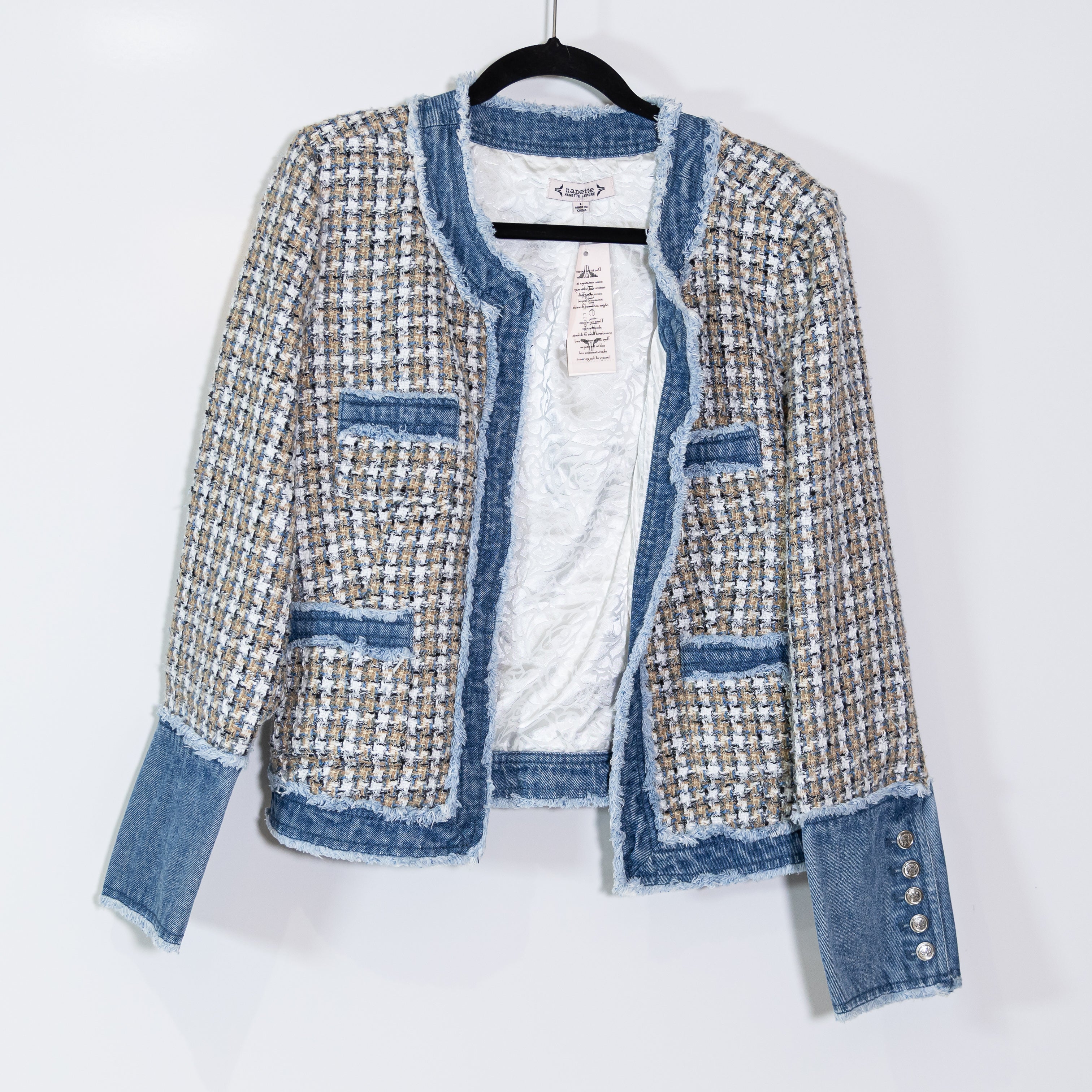 NEW Nanette Lepore Tweed Boucle Textured Open Front Jacket Blazer Blue Tan Denim